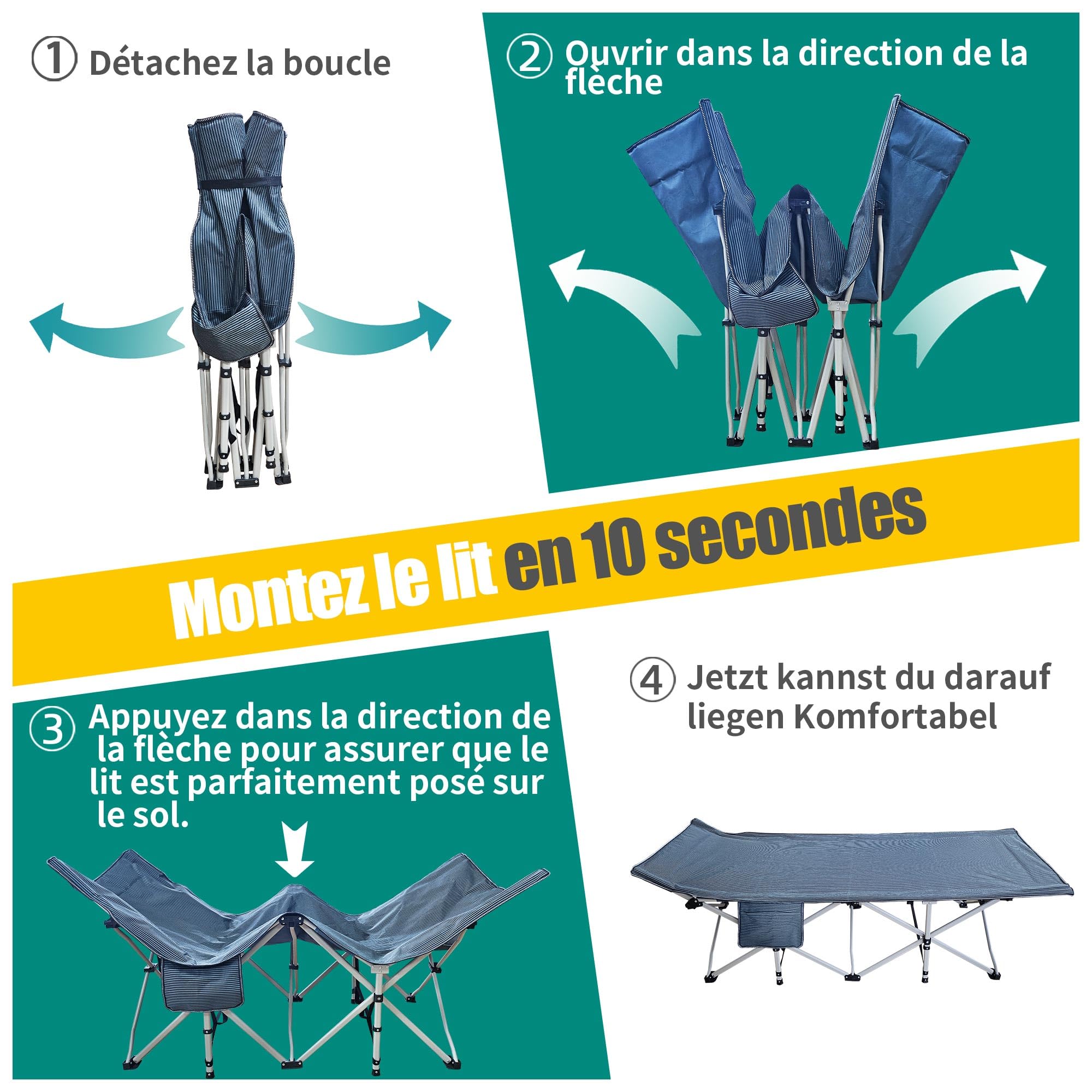 Lit de Camp Pliable XXL Extra Large 81 cm avec Matelas, pour Adultes, capacité de Charge 250 kg, avec Poche latérale, Chaise de Camping Portable, extérieur, Voyage, Jardin, intérieur