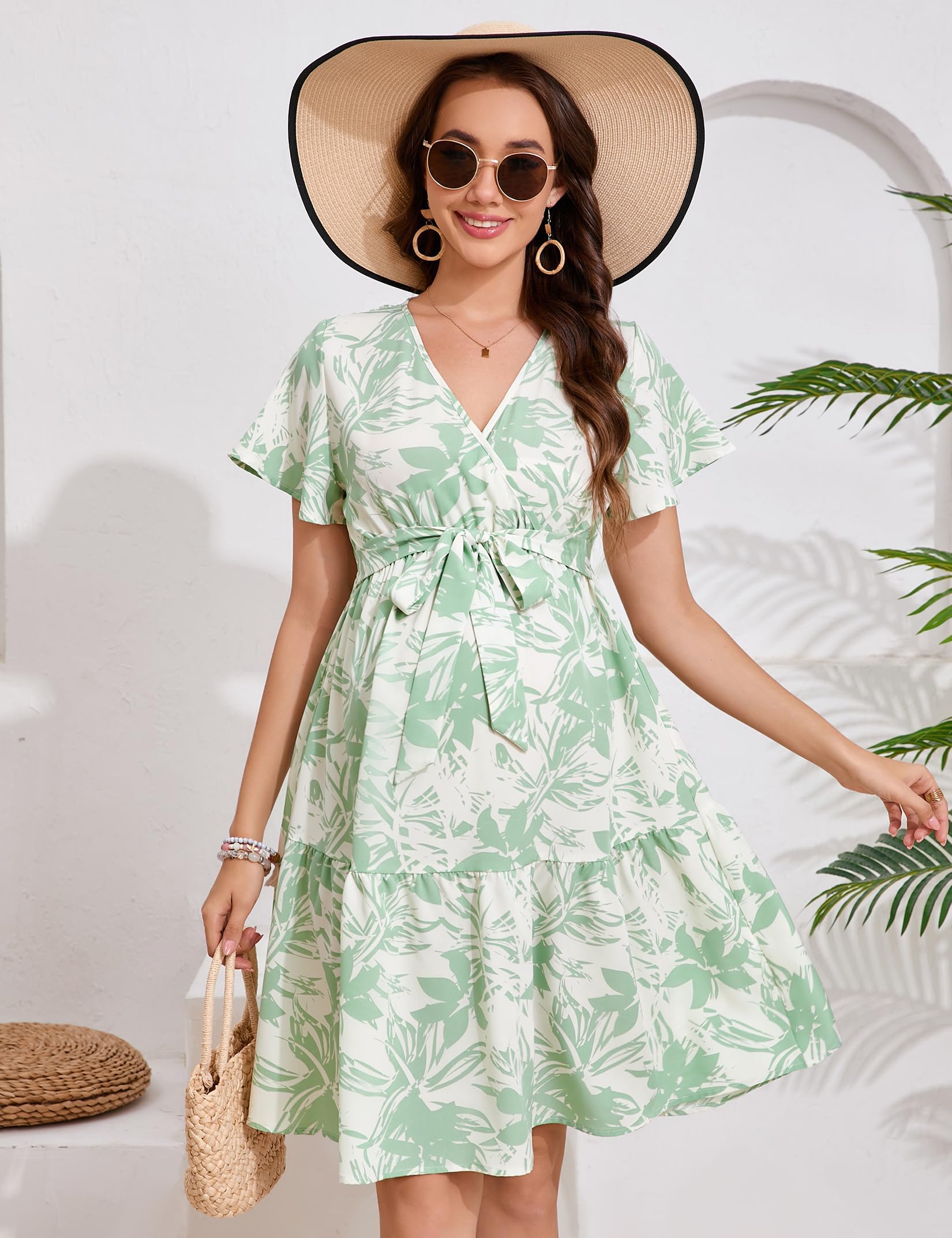 YesFashion Damen Umstandskleid Sommer V-Ausschnitt Stillkleid Kurzarm Elegant Schwangerschaftkleider Umstandsmode Kleid mit Gürtel(Verpackung MEHRWEG)