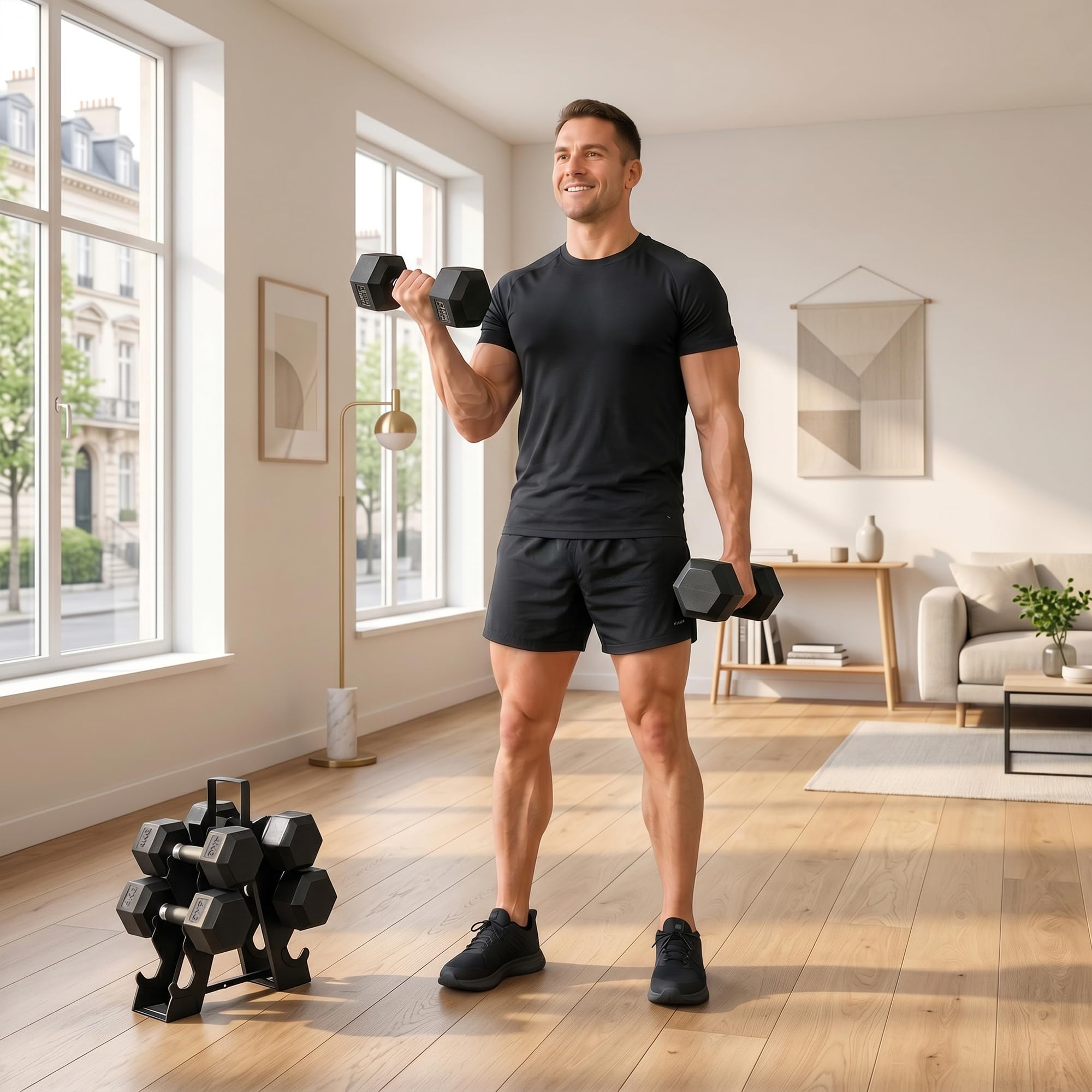 SPORTNOW Juego de Mancuernas de 6 Piezas 36 kg, Mancuernas Hexagonales 2x4kg, 2x6kg, 2x8kg, con Soporte Almacenamiento, Recubrimiento de Goma y Mango Antideslizante para Entrenamiento en Casa Gimnasio