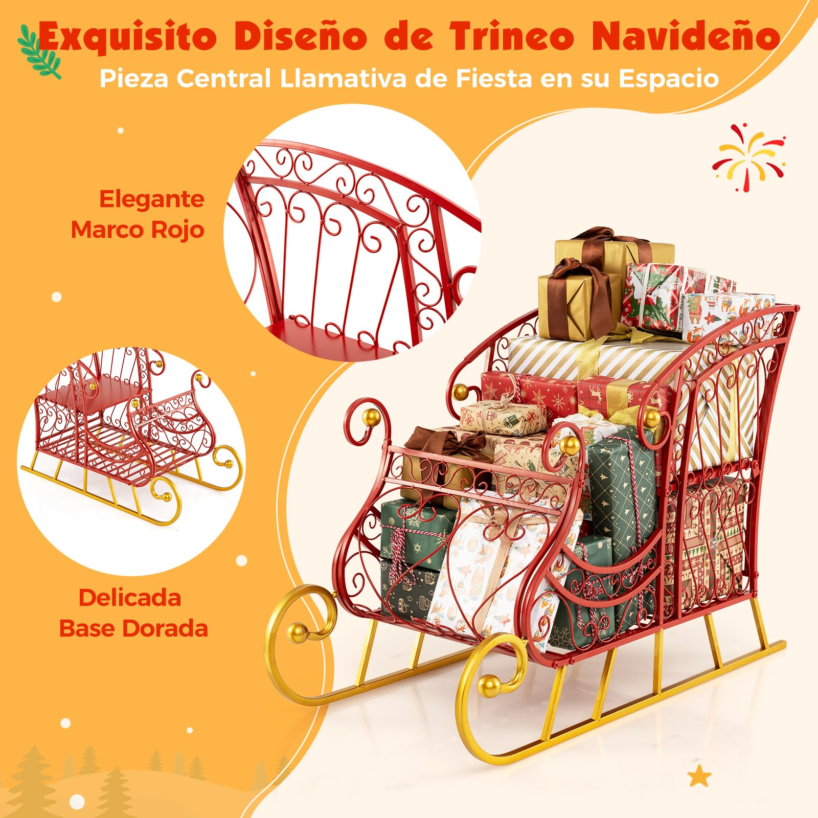 COSTWAY Trineo de Navidad de Metal, 85 x 42 x 61,5 cm, Trineo de Papá Noel de 2 Niveles para guradar Regalos Navideños, Carritos Trineos Decorativos, Adornos de Navidad para Interior, Diseño Calado