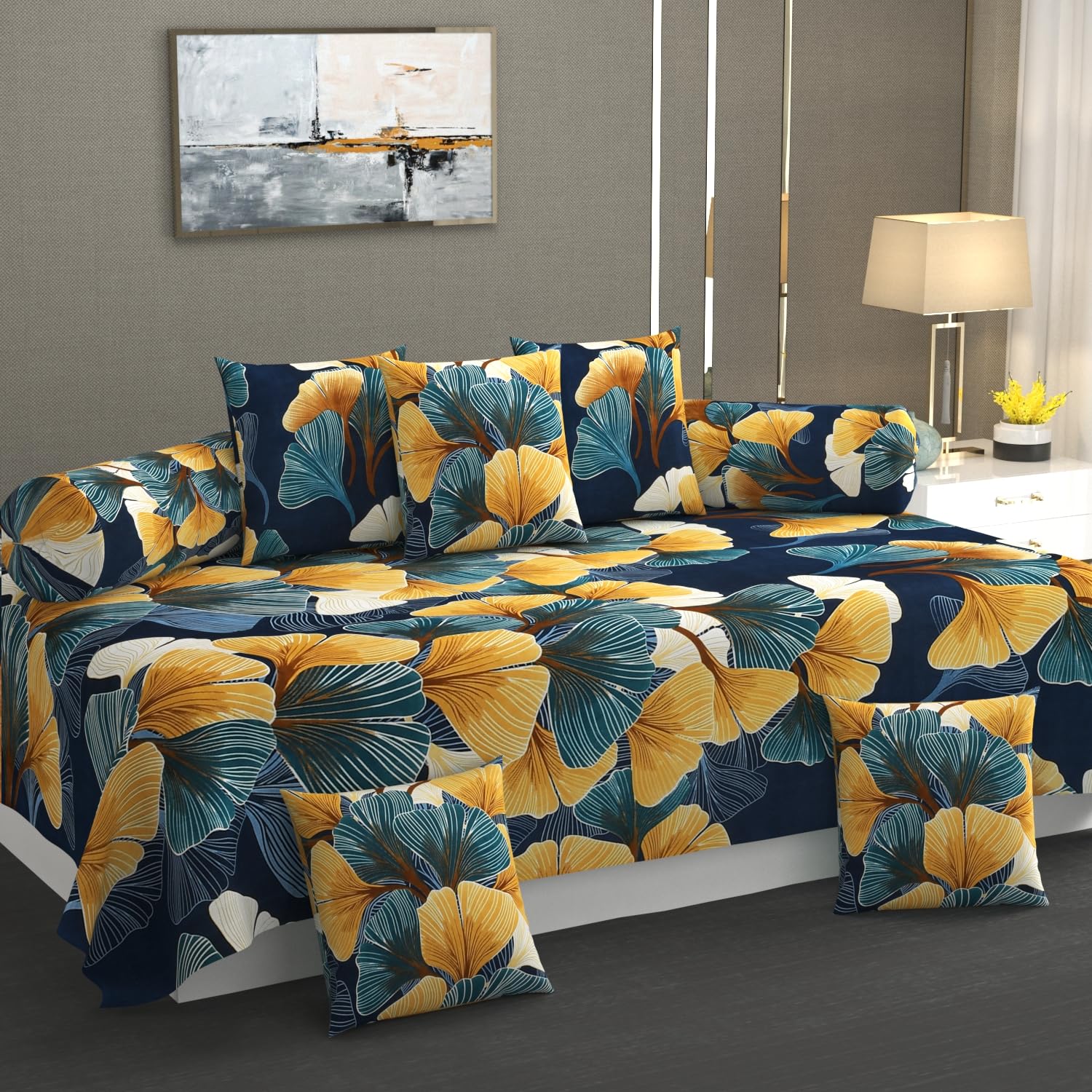 Vaini Heavy Cotton 8 Pieces Diwan Set |1 Single Bedsheet, 2 Bolster Covers, 5 Cushion Covers | - Green Mushroom-image-46
