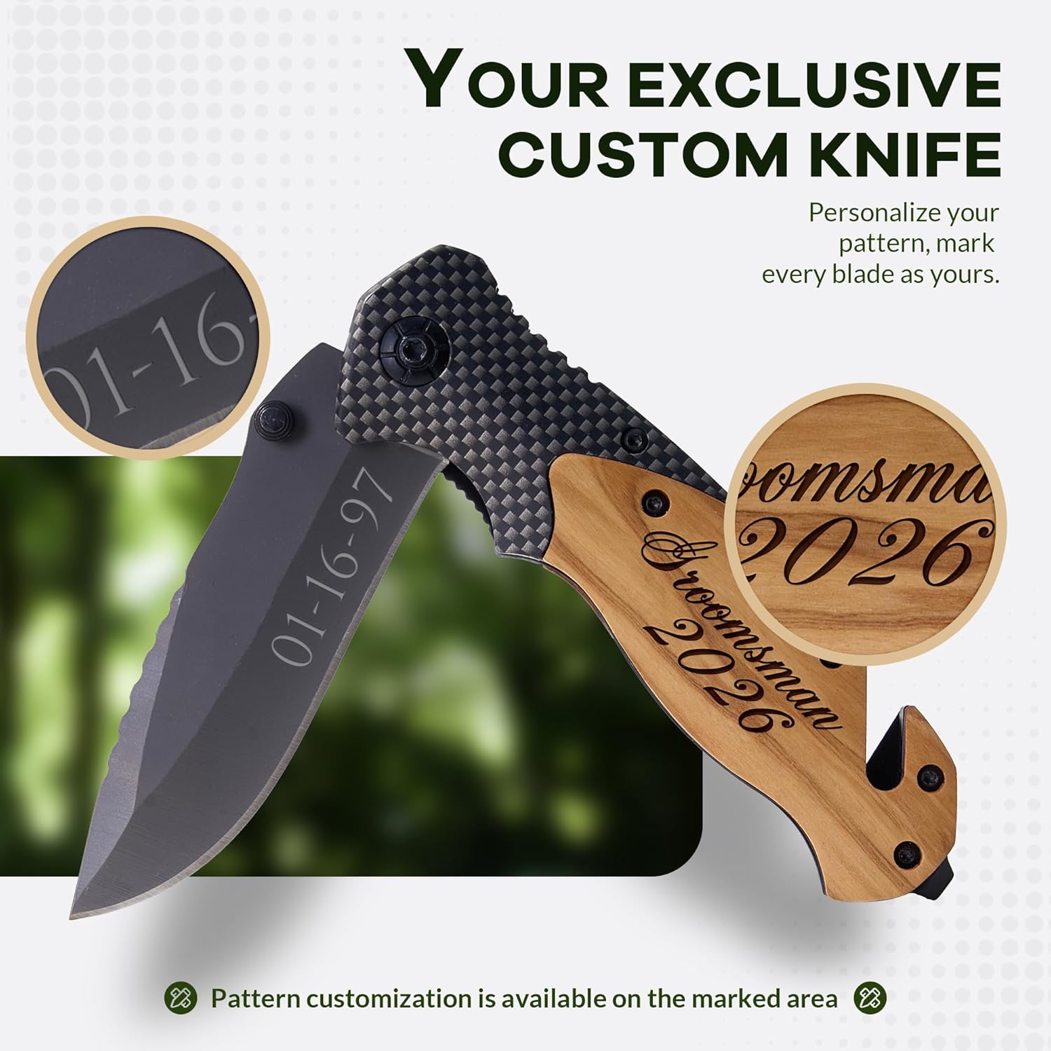 Personalized Pocket Knife for Men - Custom Engraved Folding Knife Gift for Dad, Husband, Boyfriend - 3.54" Stainless Steel Blade, Wood Handle for Camping & Everyday Use (Fiber)