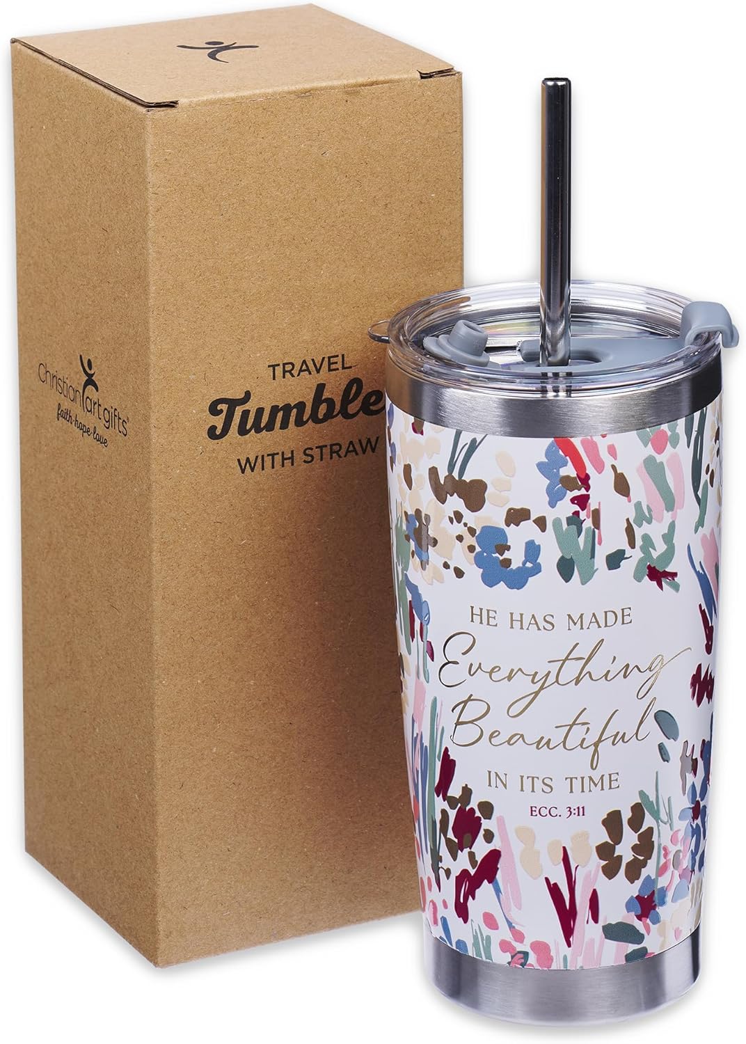 Christian Art Gifts Large Travel Tumbler for Women Stainless Steel Vacuum Insulated Inspirational Scripture: Everything Beautiful, Lid, Straw, White & Pink Floral, 18 oz. - Image 8