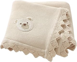 Baby Blanket, Swaddle Blanket 28x35 in Soft Cotton Knitted Baby Swaddle Breathable Comfort Cute Bear for Boys and Girls, Khaki