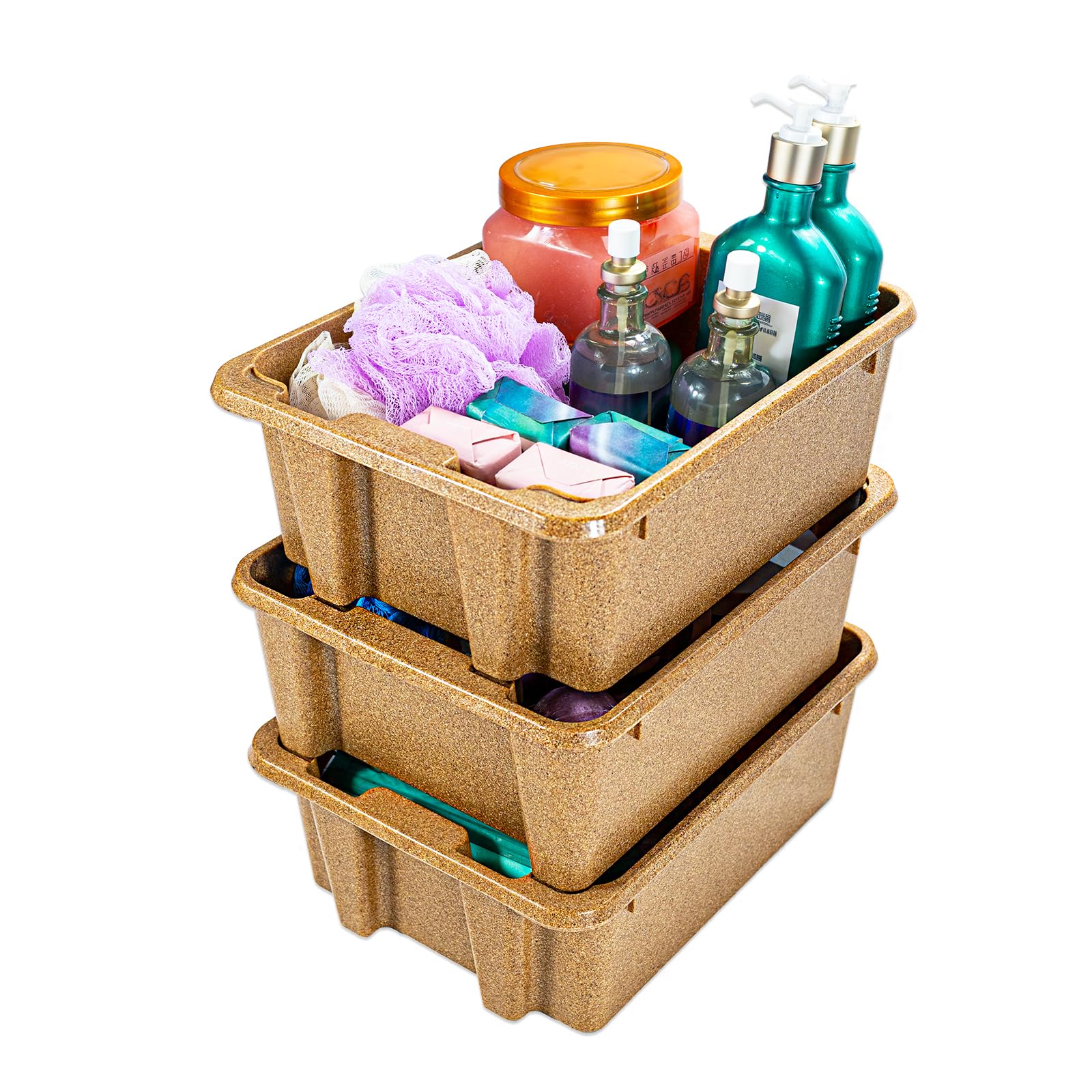 Best Kept 6842BKLB Lot de 3 bacs de rangement empilables – Conteneurs en plastique pour cuisine, salle de bain, travaux manuels et loisirs, bacs de rangement polyvalents légers et durables – Marron