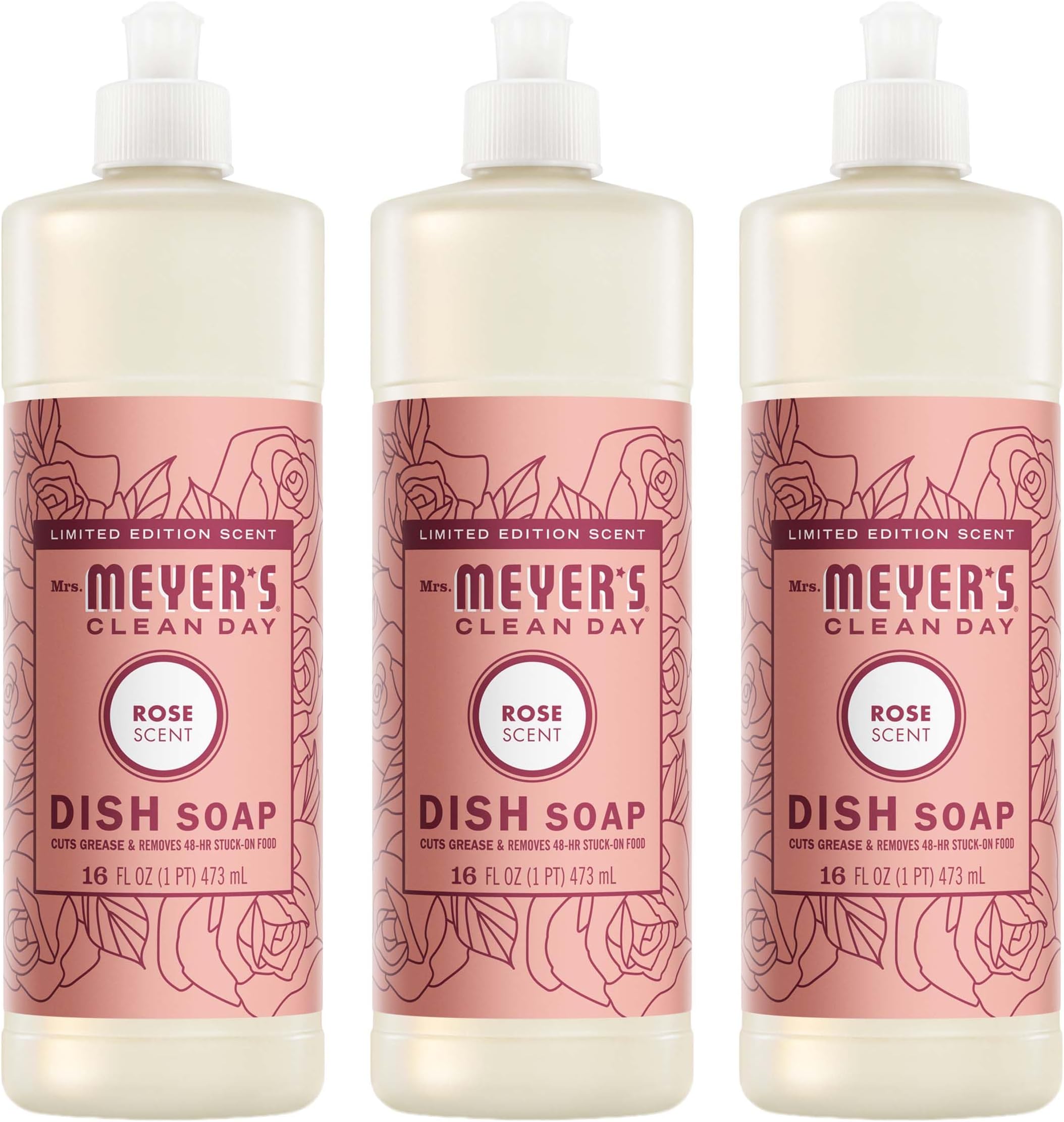 CLEAN DAY Liquid Dish Soap, Rose Scent, 16 Fl Oz Bottle - 3 Pack