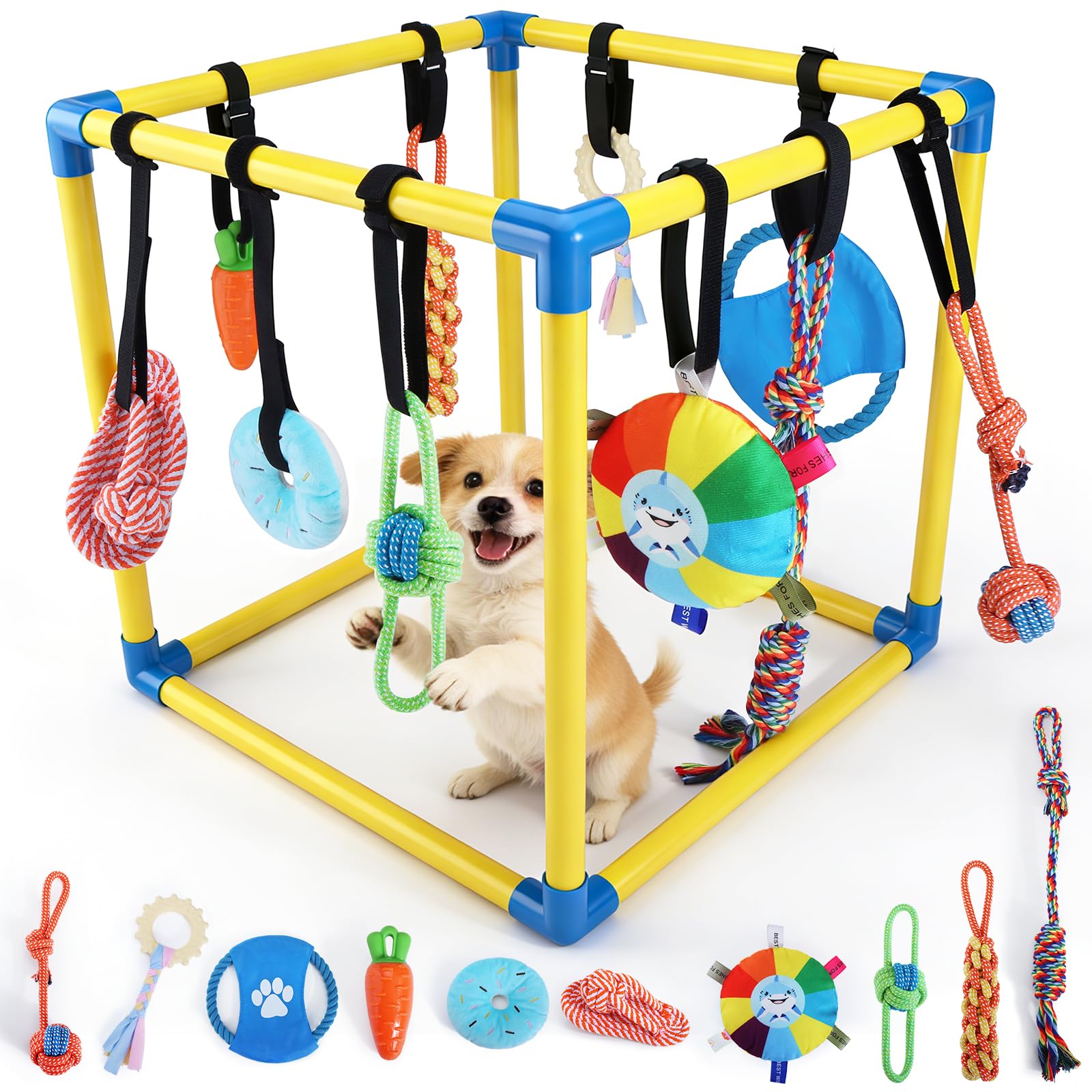 Welpenspielstudio für kleine Hunde mit 10 hängenden Spielzeugen, abnehmbarem Hundeanreicherungsspielplatz, interaktives Hundespielzeug, Dschungel-Fitnessstudio, 49,5 cm Rahmen