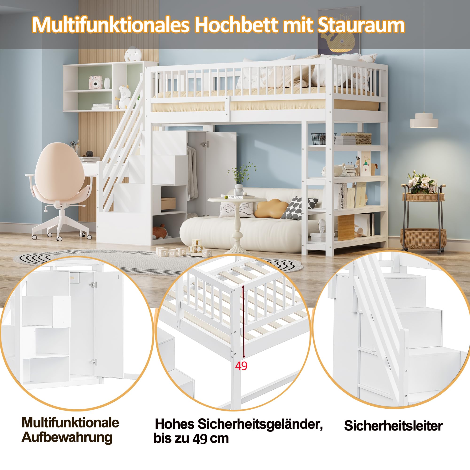 Hochbett 90x200 mit Kleiderschrank, Kinderbett Hochbett mit Treppe und Stauraum, Stockbett, Kinderhochbett, Ohne Matratze, Weiß