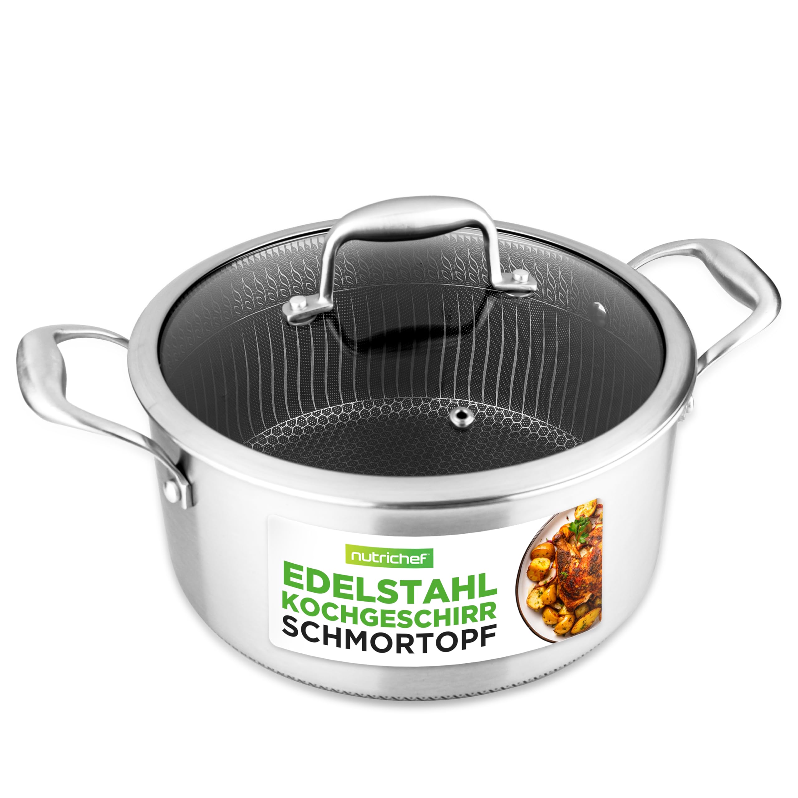NutriChef Eintopfpfanne 4,7 L Edelstahl – Antihaft Wabenstruktur Induktion Kratzfest & Spülmaschinengeeignet, Triply-Aluminiumkern, Glasdeckel, Für Gas, Ceran, Elektro und Ofen