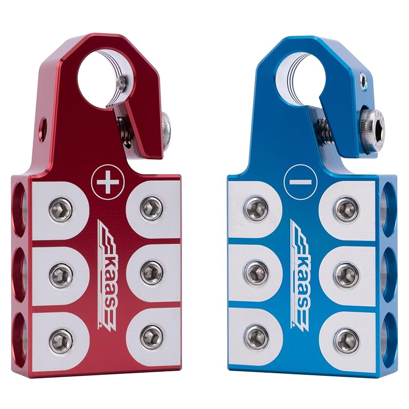 Terminal de bateria Kaas 6 vias em alumínio 6061-T6, anodo vermelho/azul para postes SAE/DIN/EN – BTC002