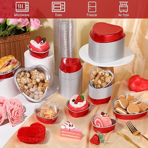 Miniatura 4 de Ziliny 150 juegos de moldes para pasteles en forma de corazón, de papel de aluminio, de 3.4 onzas y 9 onzas, mini moldes para pasteles con tapas,