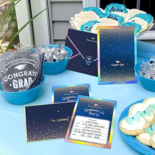 Miniatura 7 de Cheerland Juego de tarjetas de invitación de graduación con sobres, calcomanías de confeti dorado, holográfico, azul, invitaciones para clase de