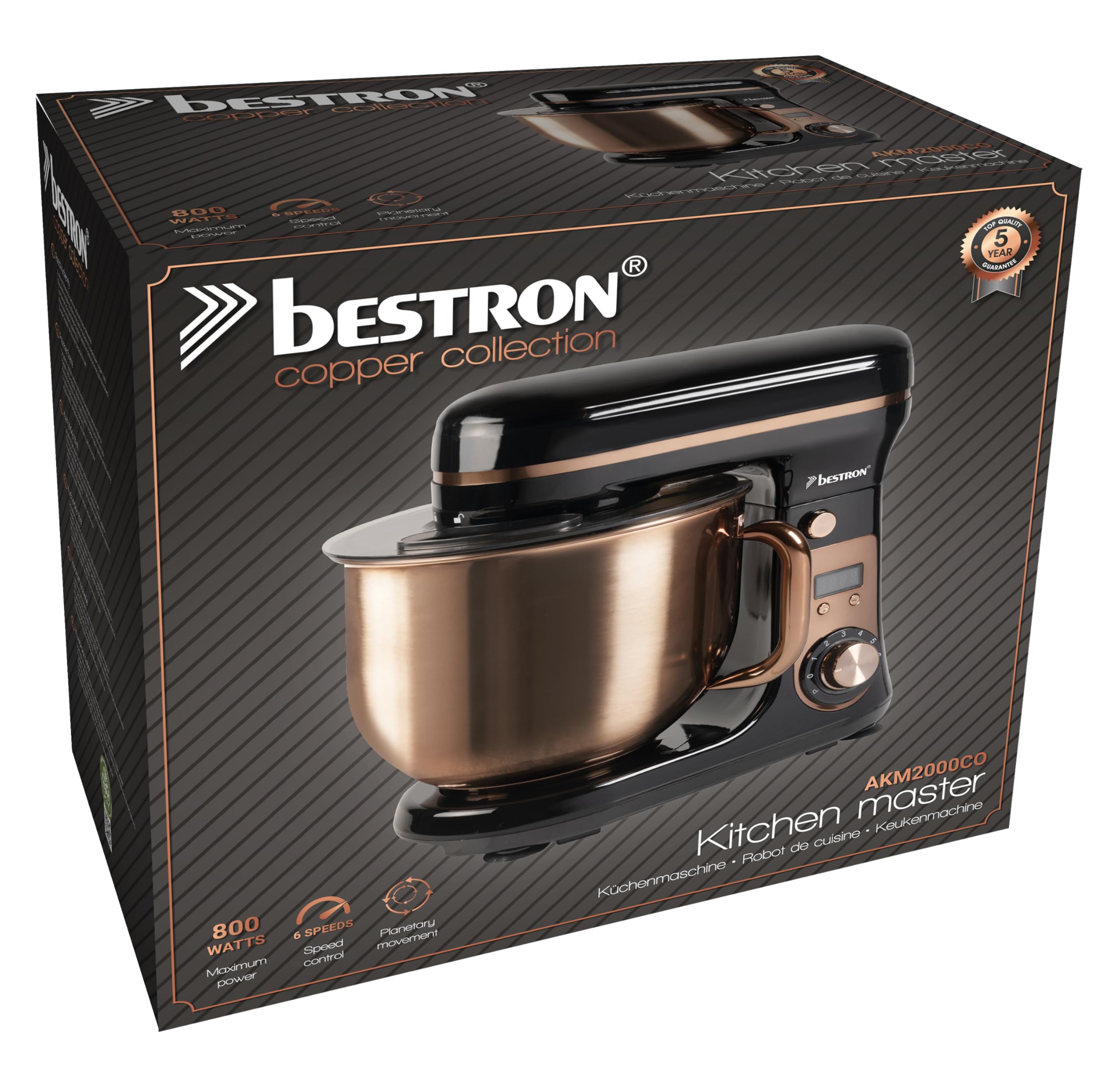 Bestron - Robot pastelero (65 dB), robot de cocina 4 en 1, cuenco de 6 litros, incluido gancho amasador, batidor y batidor plano, 6 velocidades + función Pulse, Cobre