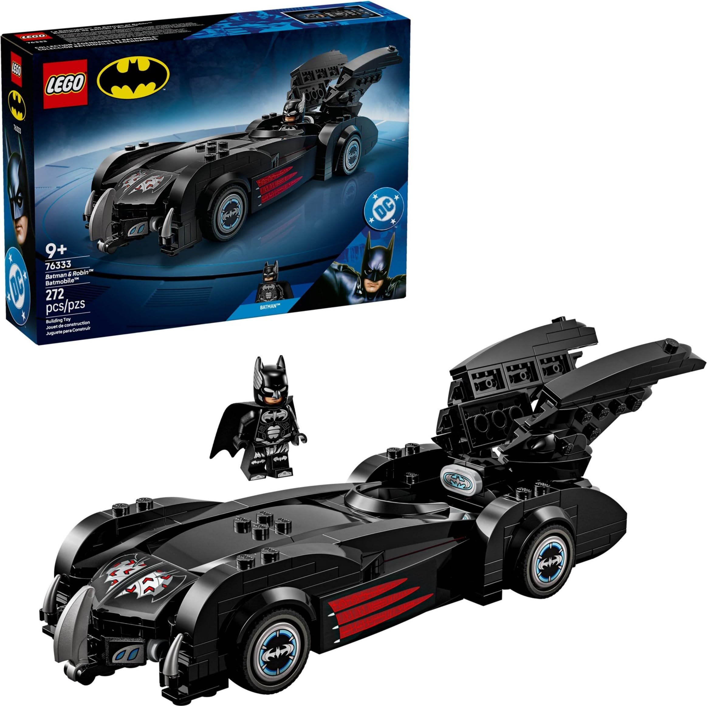 DC Batman & Robin Batmobile – 272-Piece Super Hero Car Building Set with Batman Minifigure & 20th Anniversary Coin, Collectible Movie Replica Gift for Kids – 76333