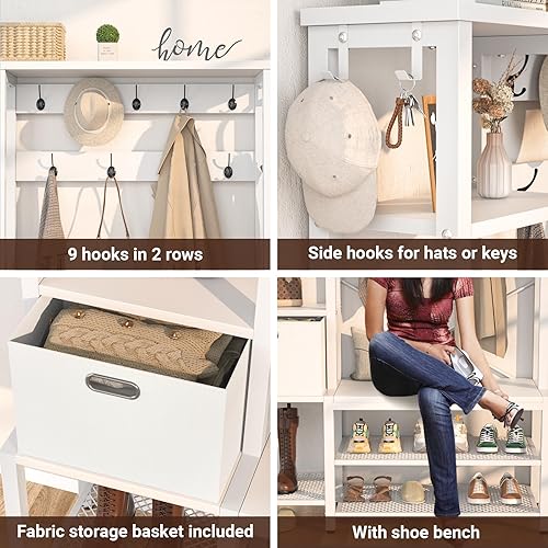 Miniatura 4 de Aheaplus Árbol de pasillo con banco de almacenamiento, perchero con luces LED, estantes de 5 niveles, cesta de almacenamiento de tela, ganchos