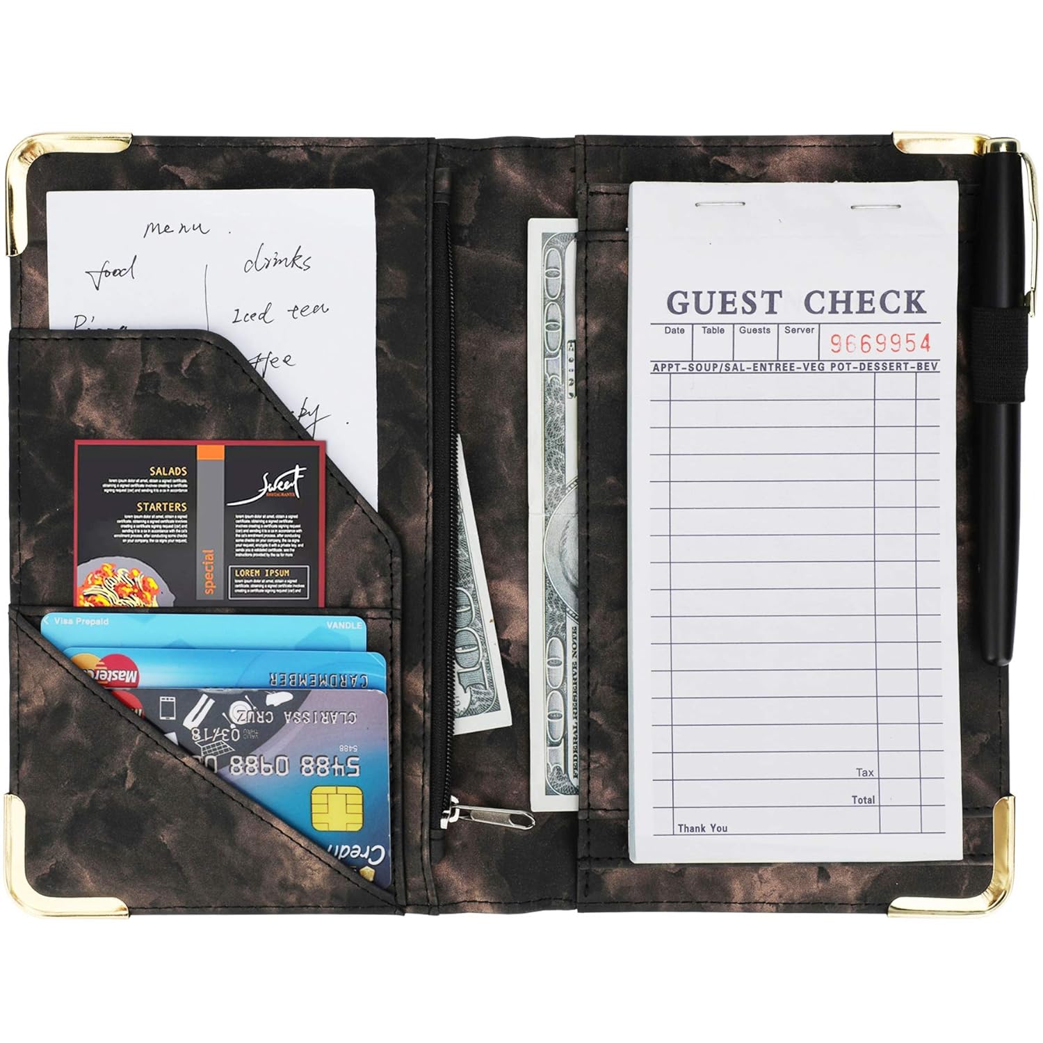 Waitress/Waiter Book Organizer with Zipper Pouch Server Book Guest