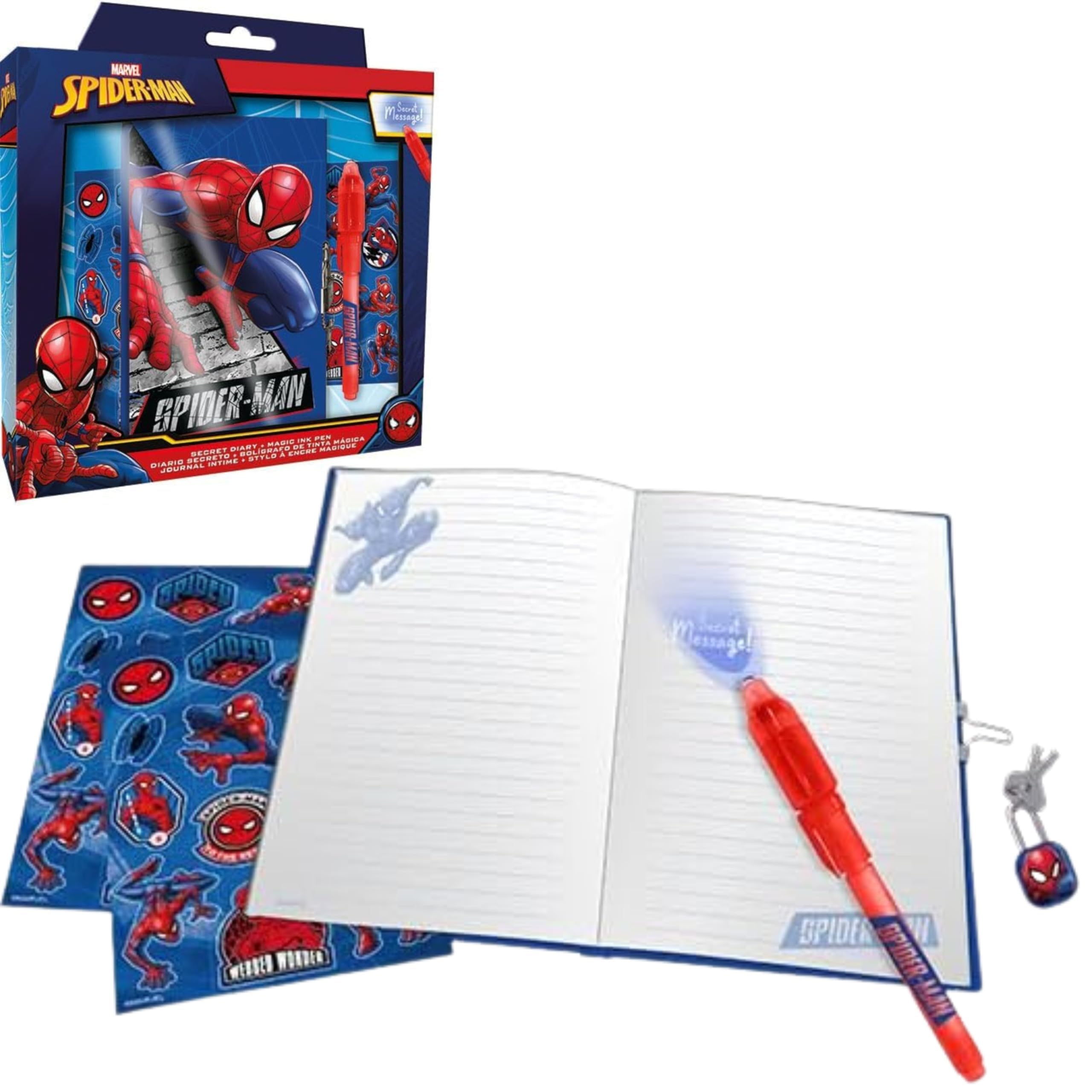 SRV Hub 5Pcs Set Spiderman Secret Diary Journal Notebook for Boys, Hard Cover Writing Diary with Stickers, Lined Pages, Marvel Stationery Gift for Drawing and Creative Writing