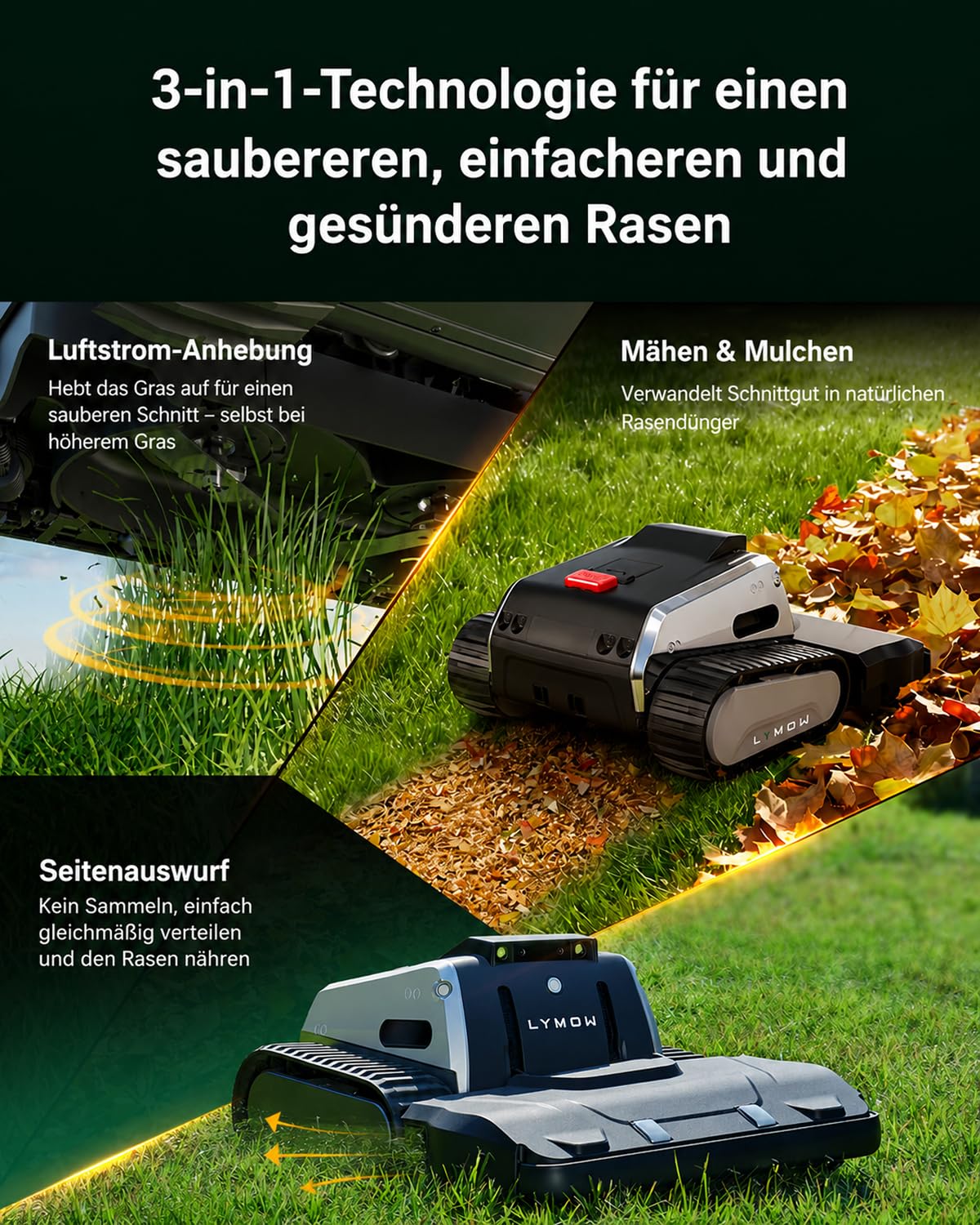 Lymow One Plus Mähroboter ohne Begrenzungskabel für 7000 m², KI-Hindernisvermeidung, 45° Steigung, SK5-Doppel-Rotationsmesser, Schnitthöhe 30-100 mm, RTK+VSLAM, 80-Zonen-Management, App-Steuerung