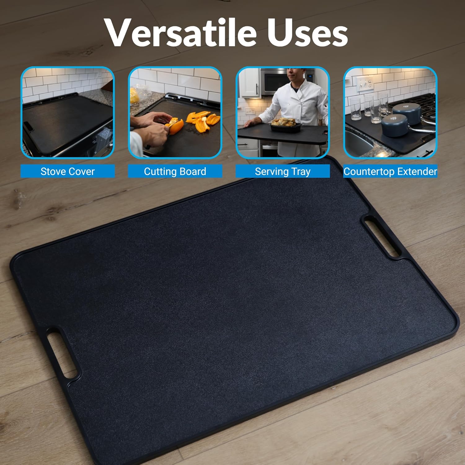 Stove Top Stove Burner Covers | Countertop 19x27 Large Cutting Board Kitchen Accessories for More Kitchen Space | Sturdy & Easy to Clean Serving Tray with Handles (Black Legless)