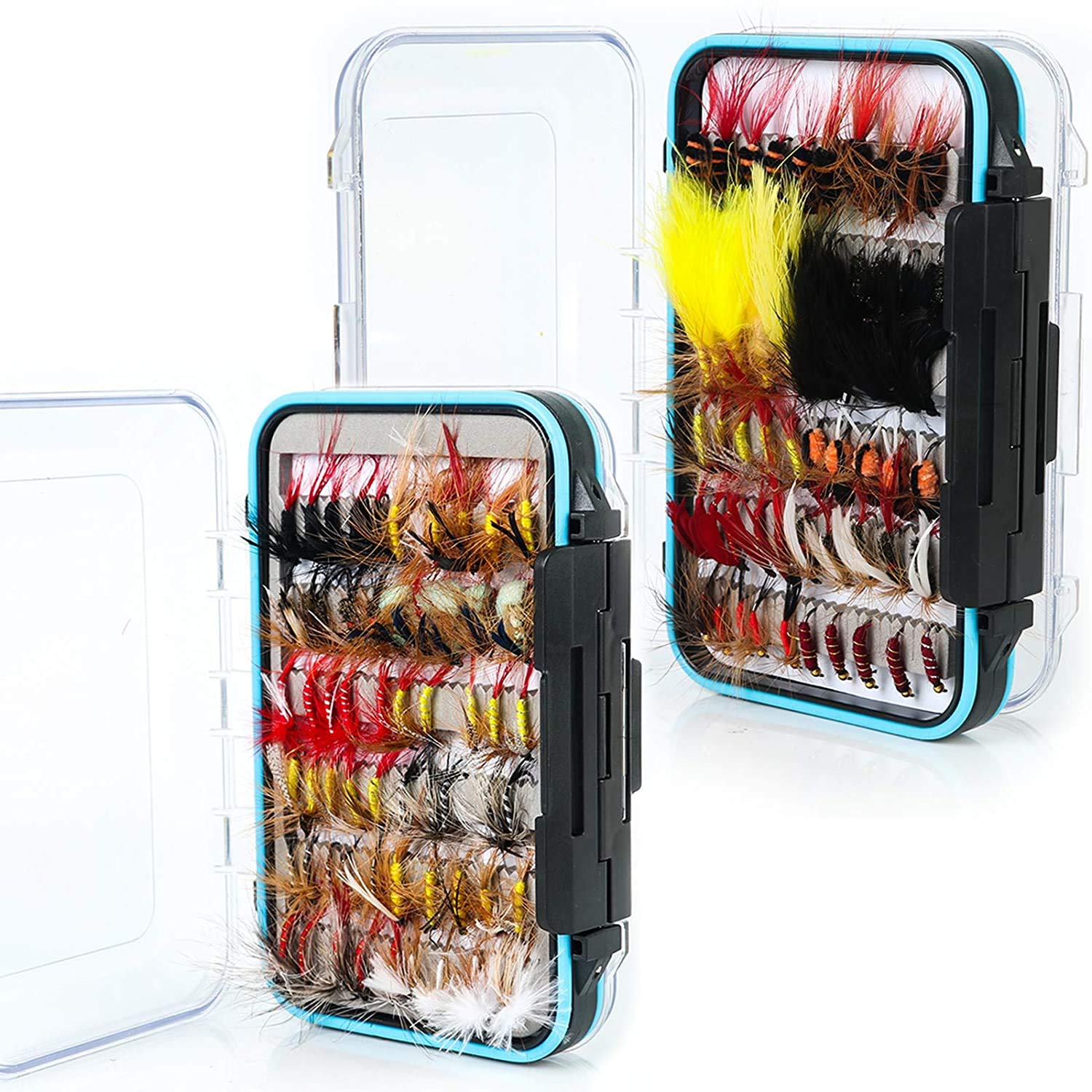 MAXIMUMCATCH Fliegenfischen 120 Stück Fliegen mit Fliegenbox Kombi Trocken- / Nassfliegen, Nymphen, Luftschlangen, handgefertigte Fliegenfischerköder