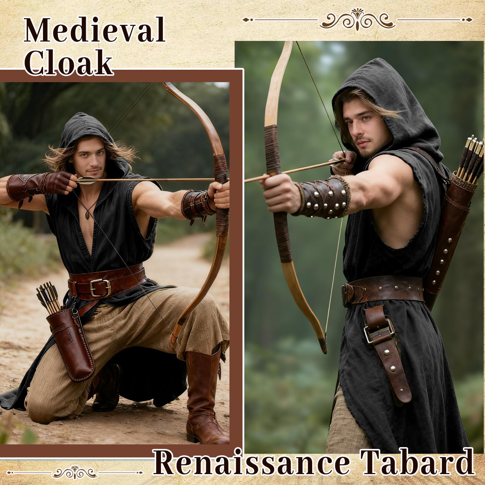Renaissance hooded tunic for men Viking costume for men Medieval hobbit hooded cloak (Black, L) - Image 4