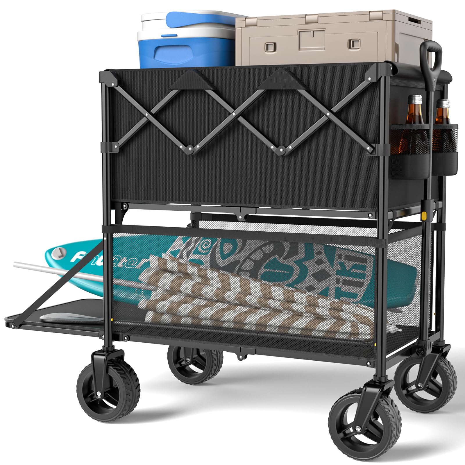 400L Large Double Decker Beach Wagon with Tailgate, All Terrain Wagon Folding Sports Wagon Cart 450LBS Heavy Duty, Collapsible Utility Wagon with Wheels for Camping, Shopping, Groceries