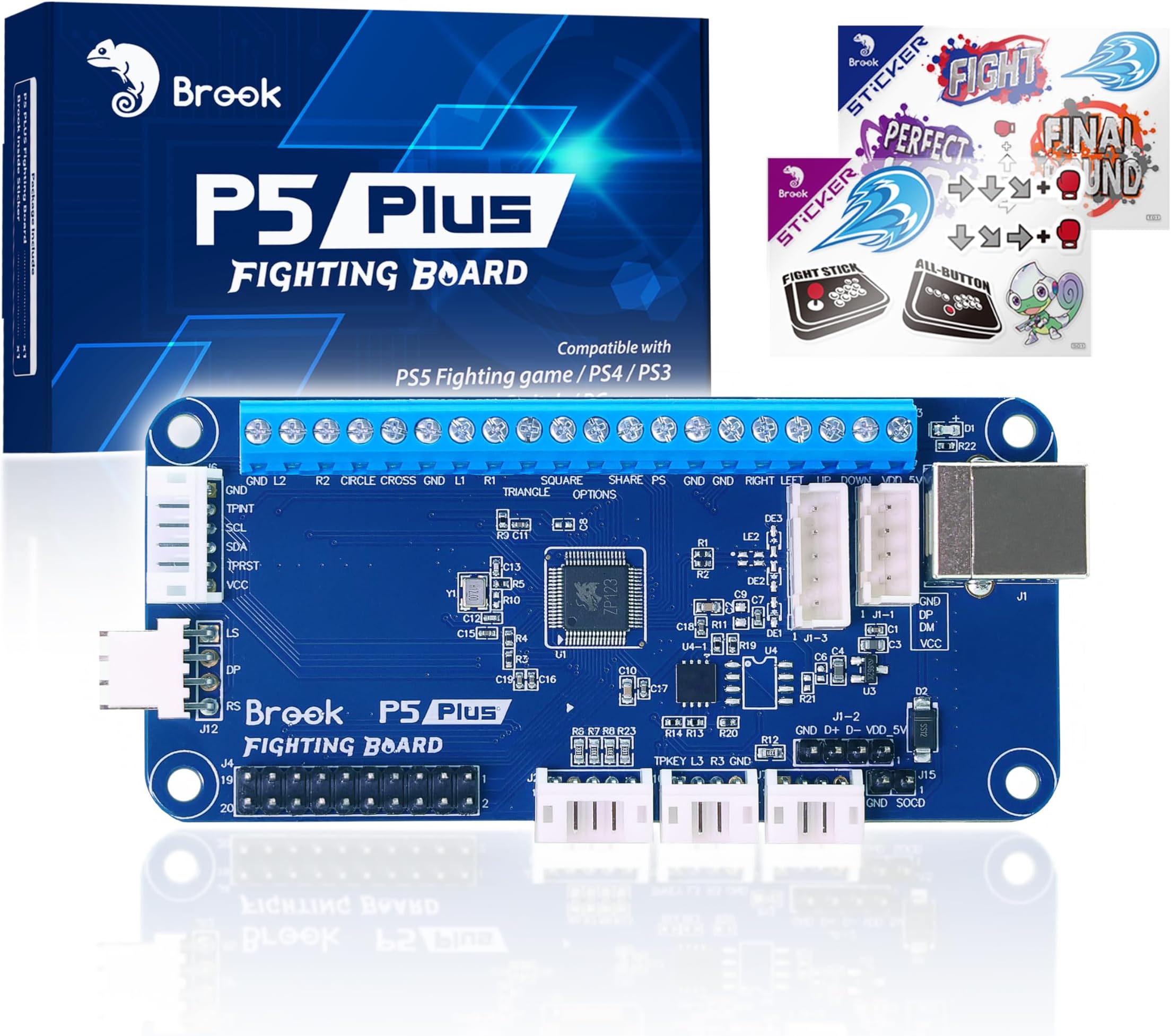 Brook P5 Plus Fighting Board with Sticker – Pre-Installed Header Version, Ultra-Low Latency PCB for PS5 Fighting Games, PS4, PS3, Switch & PC (X-Input), SOCD Cleaner, Turbo, Auto-Detect Console