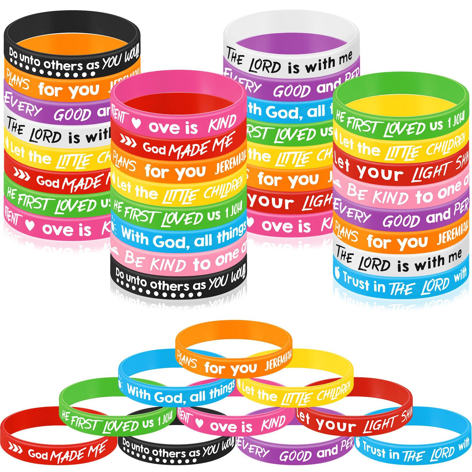 Gueevin Bible Verse Bracelets for Kids Christian Scripture Bracelets Jesus Wristband Religious Motivational Valentine Kids School Gifts Classroom Prizes(Classic,Novel Color,60 Pcs)
