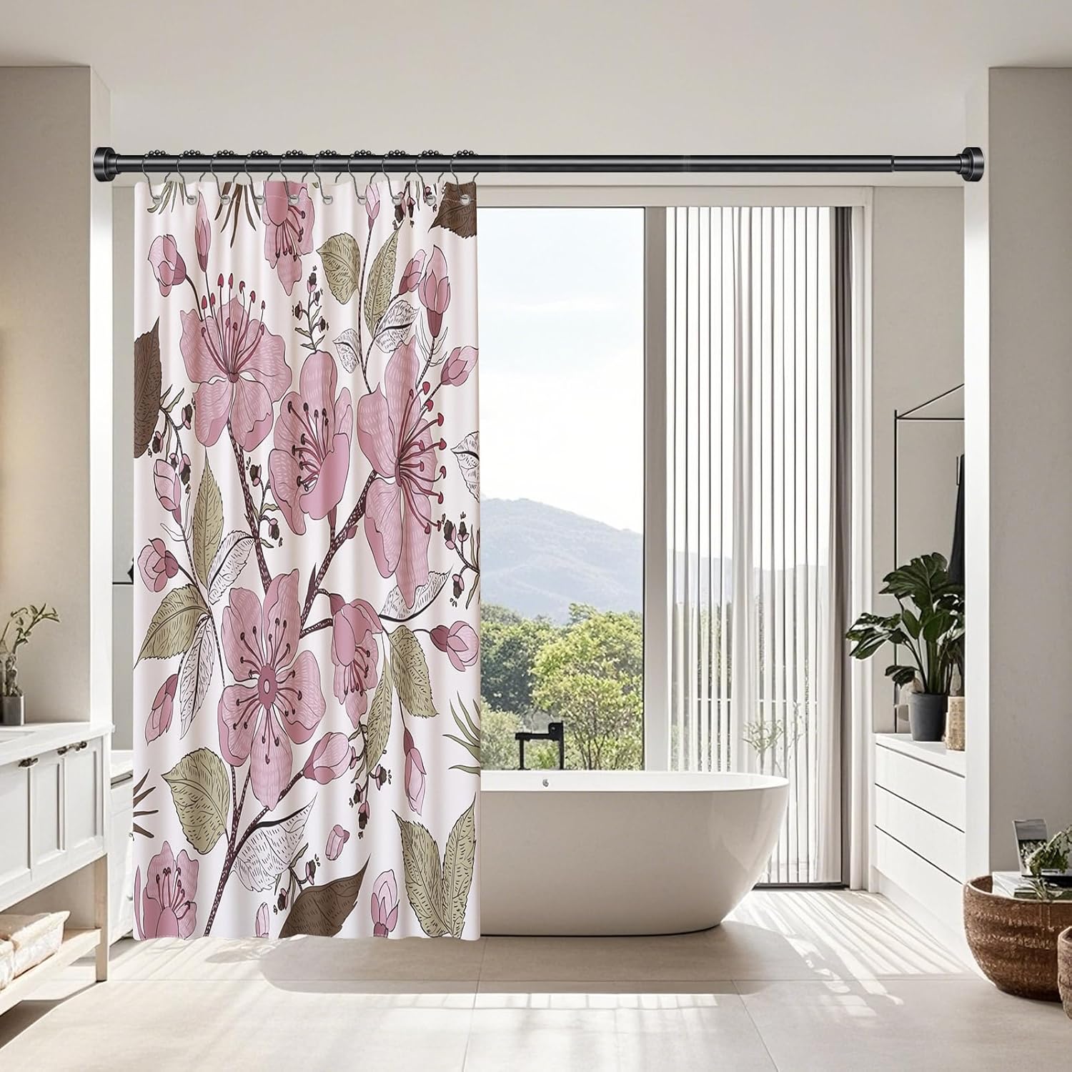 YNL Shower Curtain Rod, 34-82 Inches, Non-Slip, Never Rust, No Drill Tension Curtain Rod for Bathroom & Window, Stainless Steel Shower Rod, Matte Black