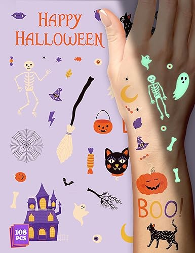 HOUSE OF PARTY Tatuajes temporales de Halloween para niños, paquete de 108, tatuajes que brillan en la oscuridad, calcomanías impermeables no