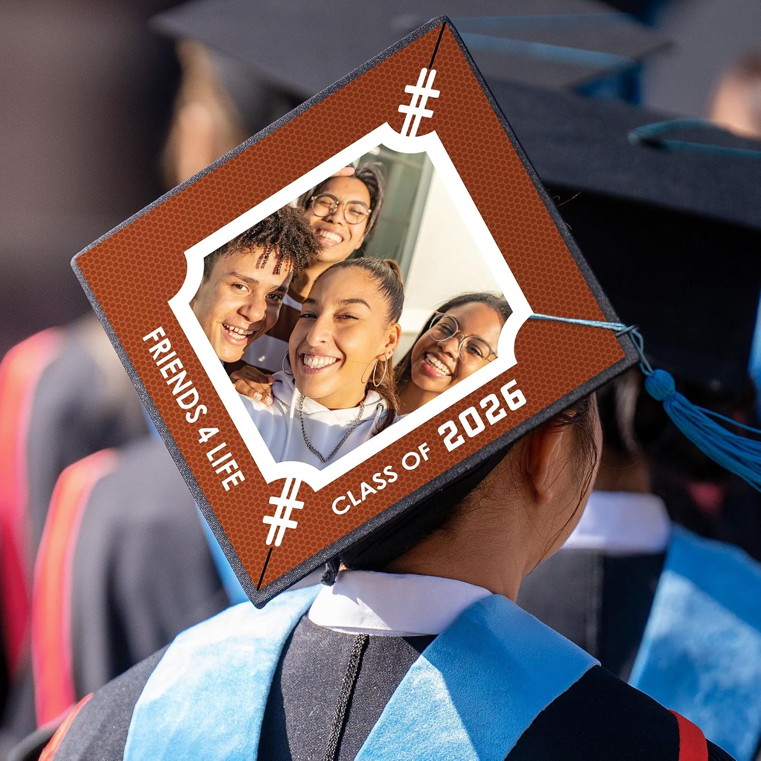 Big Dot of Happiness Custom Photo Football 2026 Grad Cap Cover, Personalized Graduation Cap Decorations Kit for High School or College - 1 Count
