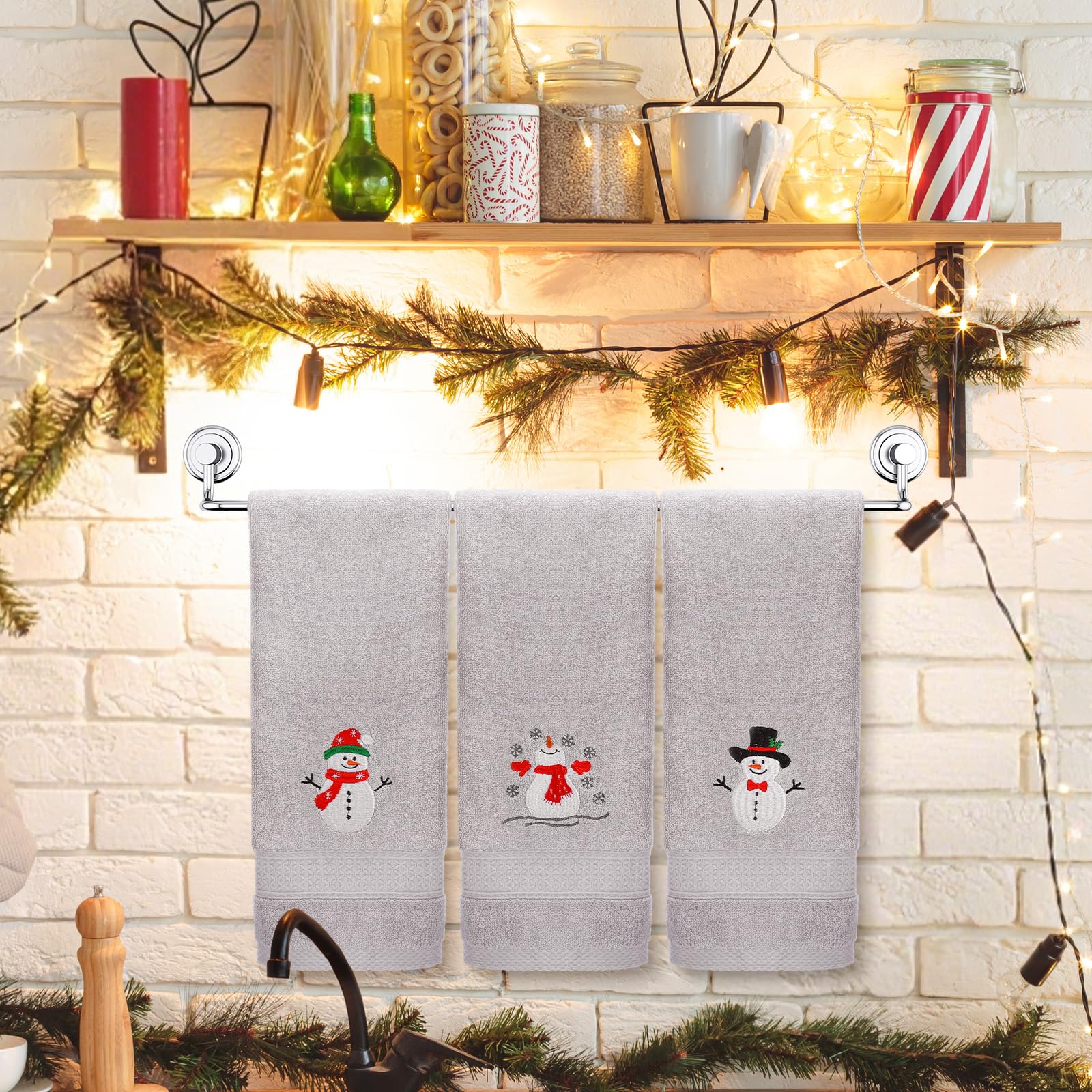SmoothNovelty 3 asciugamani natalizi con pupazzo di neve per il bagno, in cotone, ricamati, con pupazzo di neve, 33,8 x 74,9 cm, per bagno, doccia, decorazione natalizia per l'inaugurazione della casa