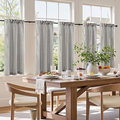 Miniatura 3 de jinchan - Cortinas de cocina de lino de 45 pulgadas de largo, a rayas finas, de media altura, pequeñas, para sala de estar, baño, café, estilo de