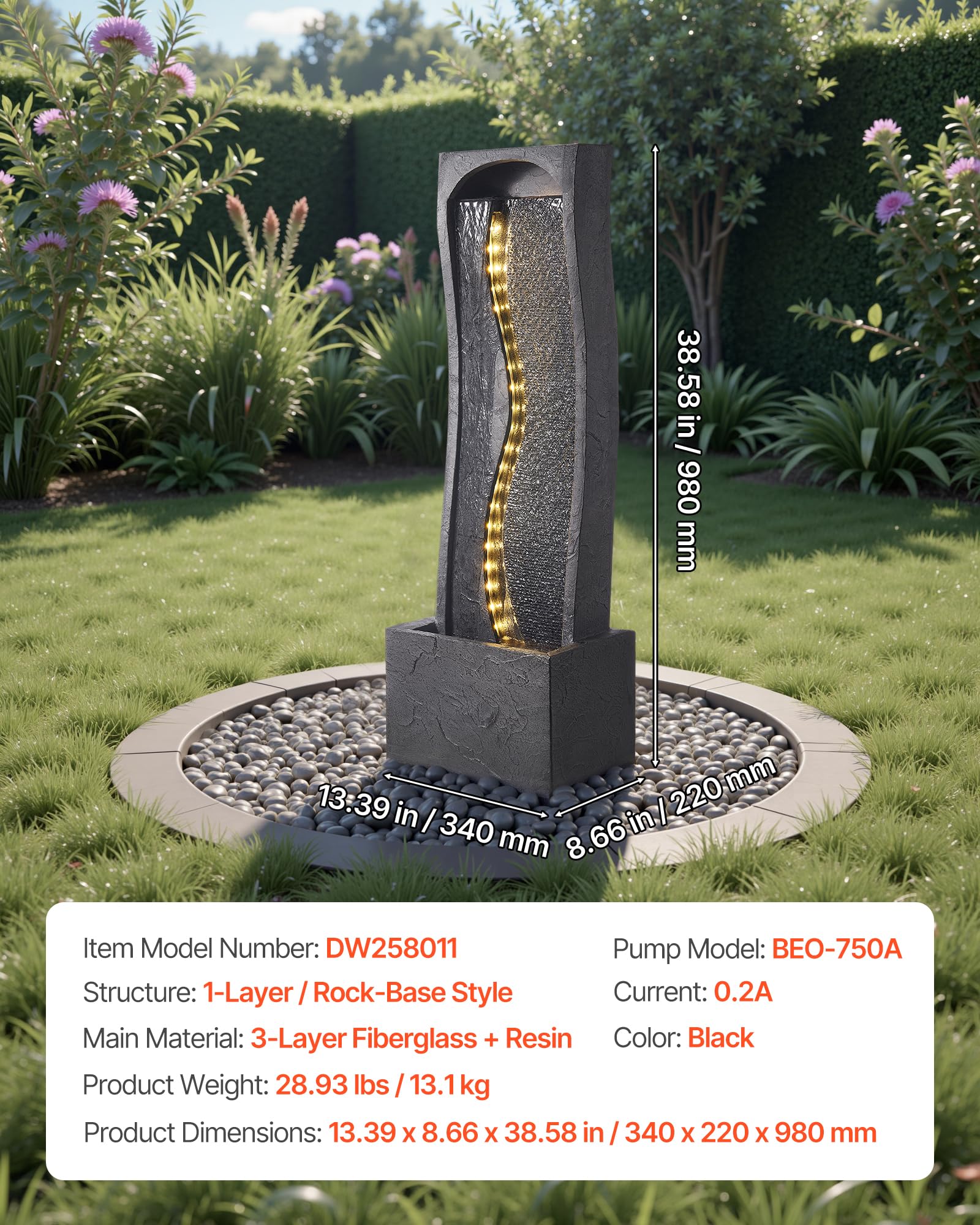 VEVOR Fontana da Esterno, Fontana e Cascata da 340 x 220 x 980 mm, Fontane a 1 Livello con Base in Pietra da Pavimento con Luce LED e Pompa, per Esterni, Interni, Giardino, Casa, Patio e Cortile