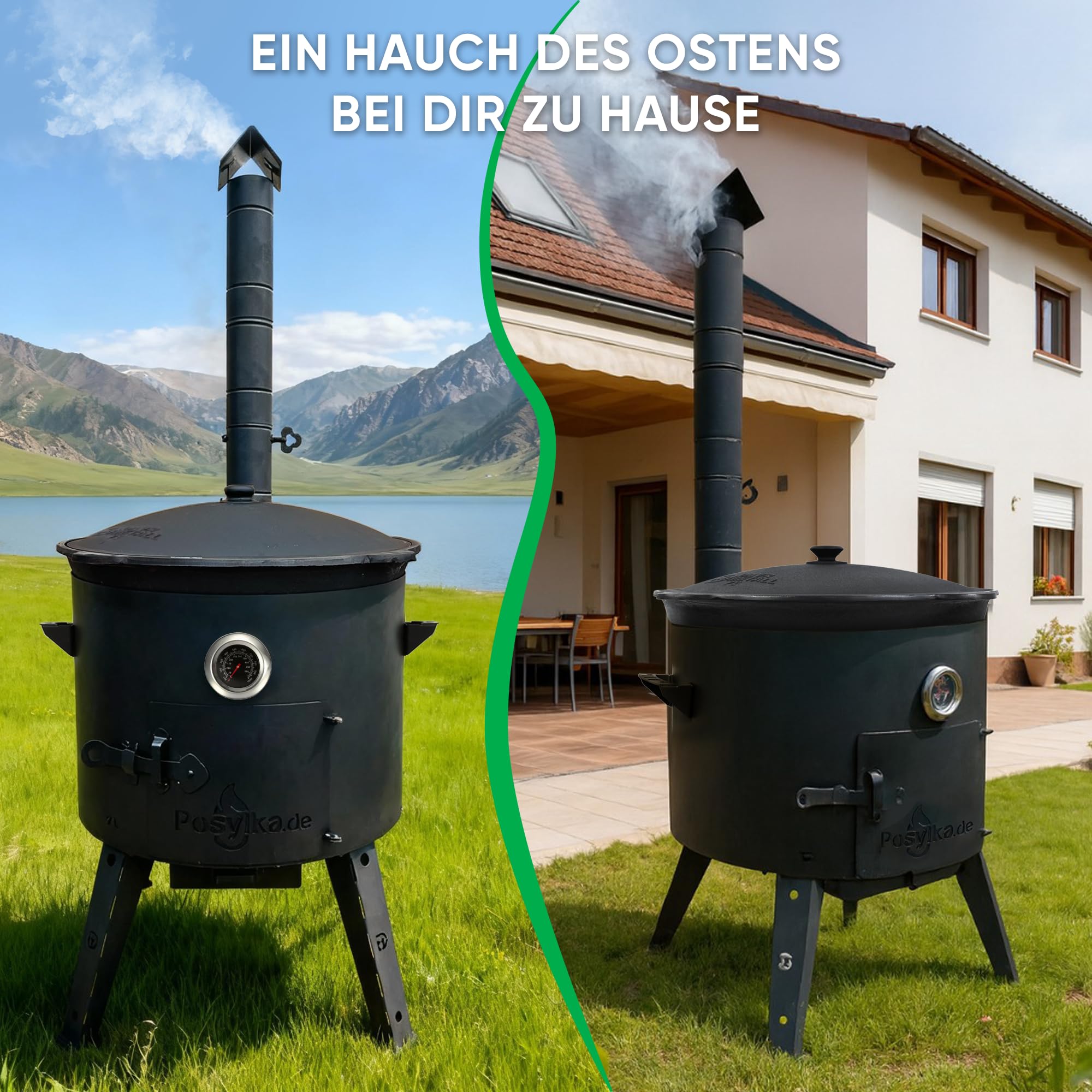 Utschak Feuerofen Ø 49 cm mit Thermometer & Gusseisen Topf 22 L, Ø 52,7 cm Kazan-Set mit Deckel Outdoor Feuerschale Gulaschkanone Usbekischer Kochtopf aus Gusseisen Gartenküche