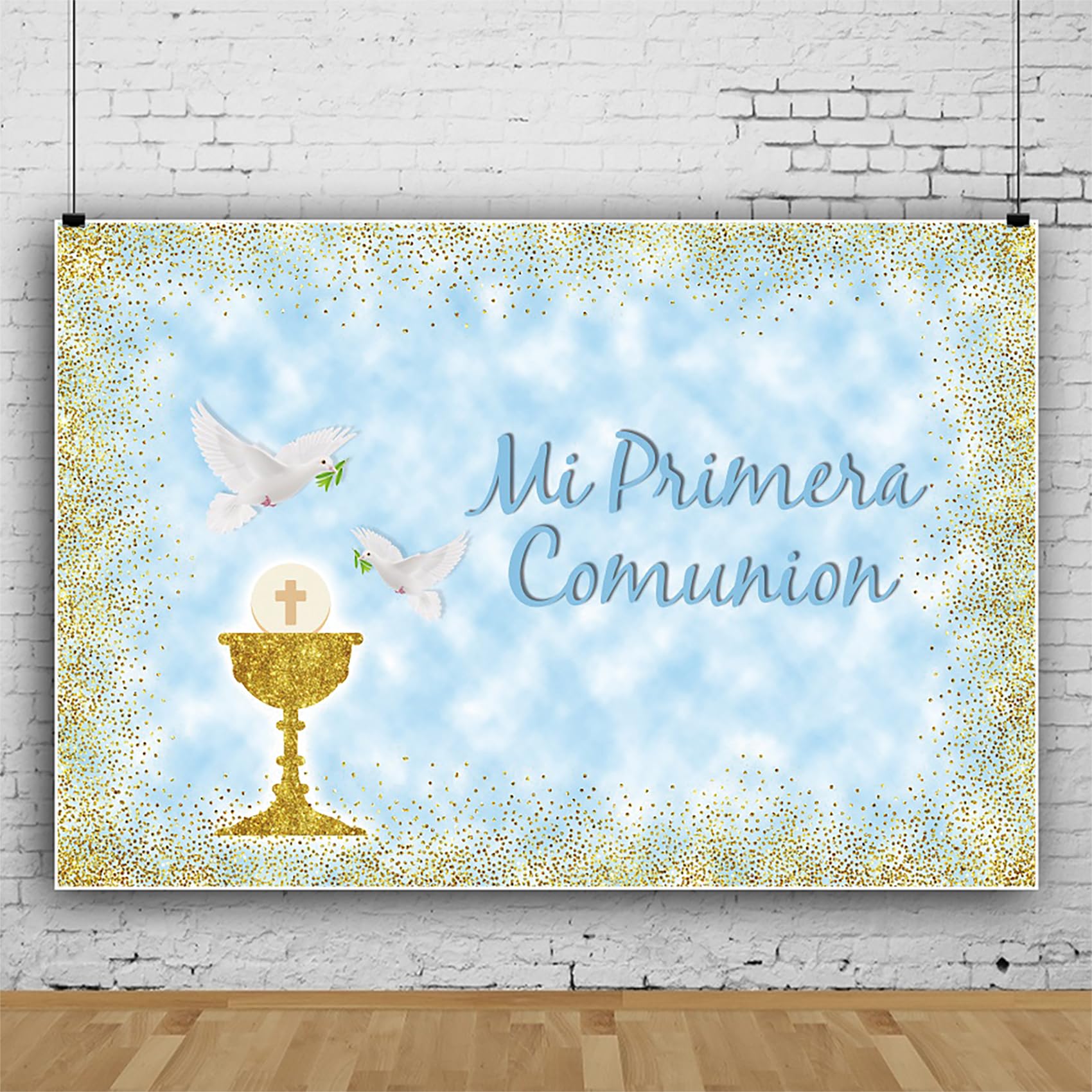 3,5x2,5m Mi Primera Comunion Fondo Palomas Primera comunión Bautismo Fotografía Fondo Azul Oro Puntos Bautizo Baby Shower Telones de Fondo Foto Estudio Accesorios, Vinilo