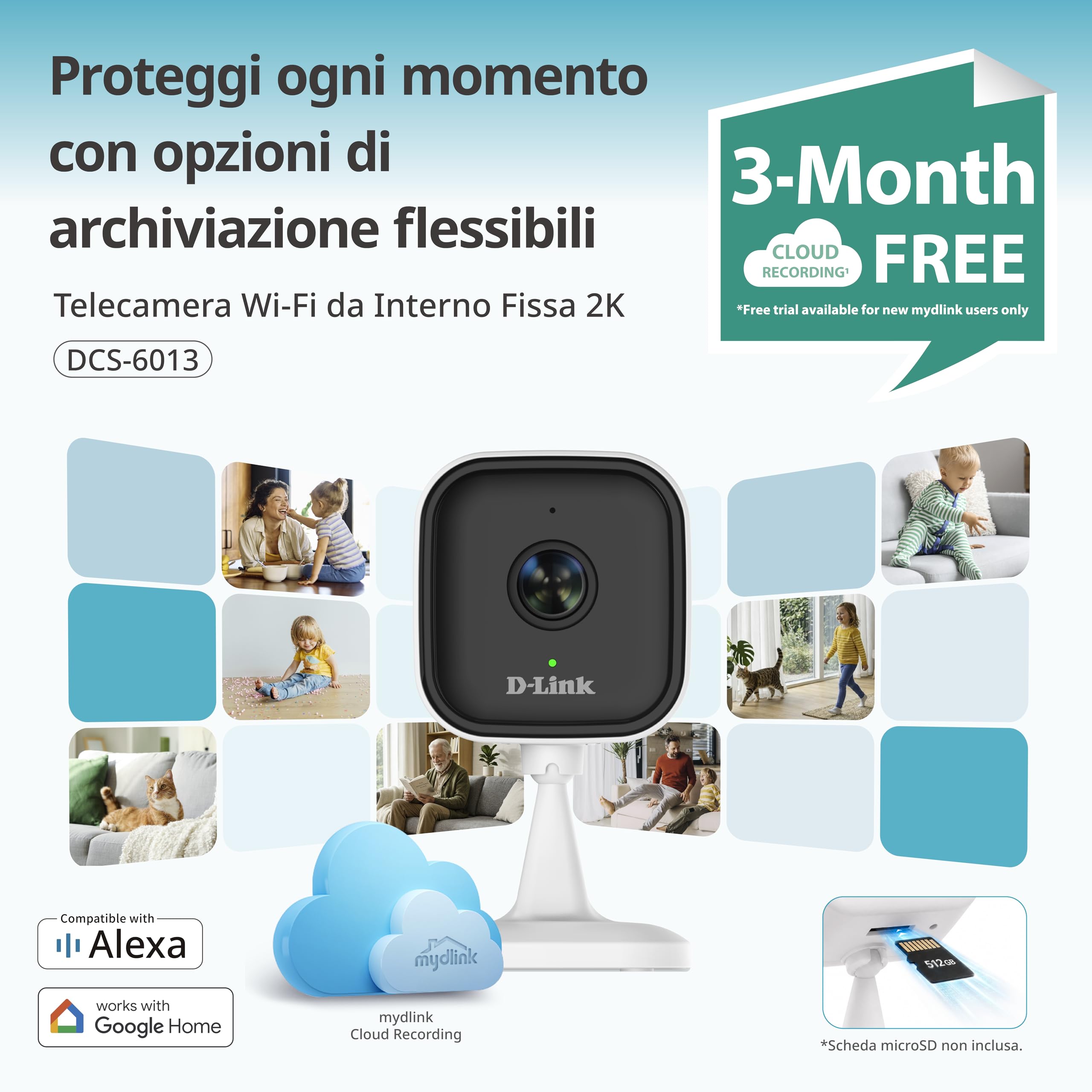 D-Link DCS-6013 Telecamera Wi-Fi Interna 2K, Telecamera di Sicurezza 3MP con Rilevamento Persone AI, Visione Notturna, Audio Bidirezionale, Alexa e Google