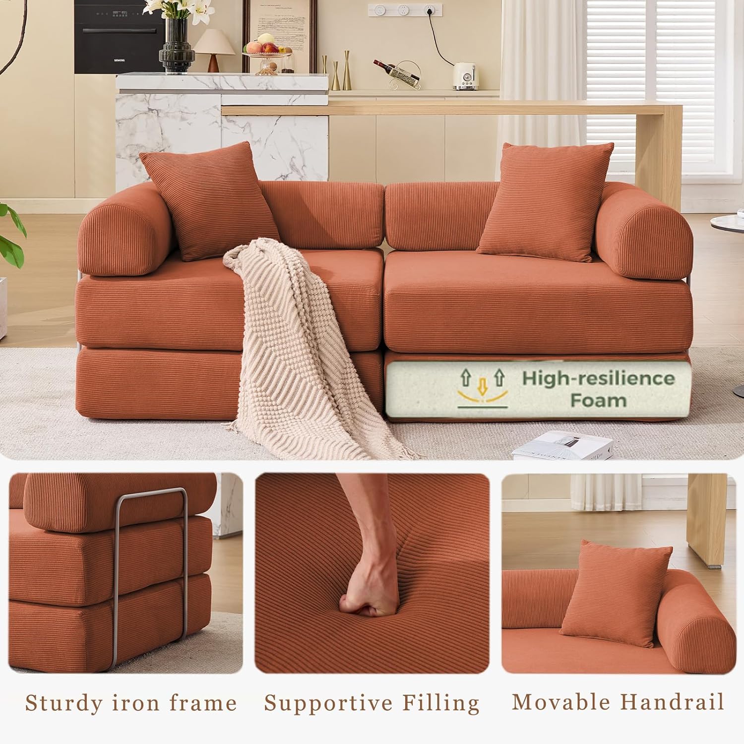 73" Convertible Modular Folding Sofa Bed, 5-in-1 DIY Combination Fold Out Sleeper Sofa Bed, Loveseat sleeper Couch with Removable Armrests, Corduroy Floor Couch, Small couches for small spaces, Orange