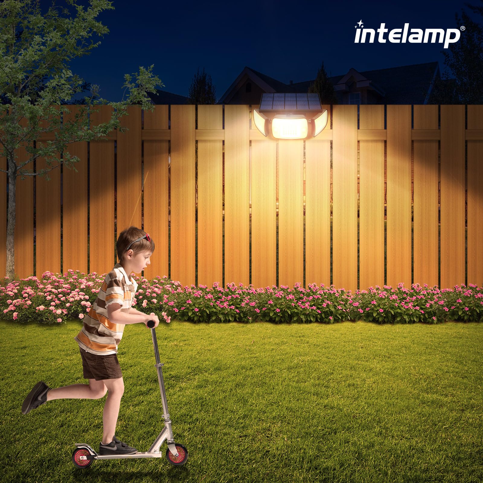 intelamp Solar Warmlicht Outdoor 6000mAh Batterie Solar Sicherheit Bewegungsmelder Licht mit Fernbedienung Hohe Helligkeit IP65 Wasserdicht LED Flutlichter Gartenleuchten