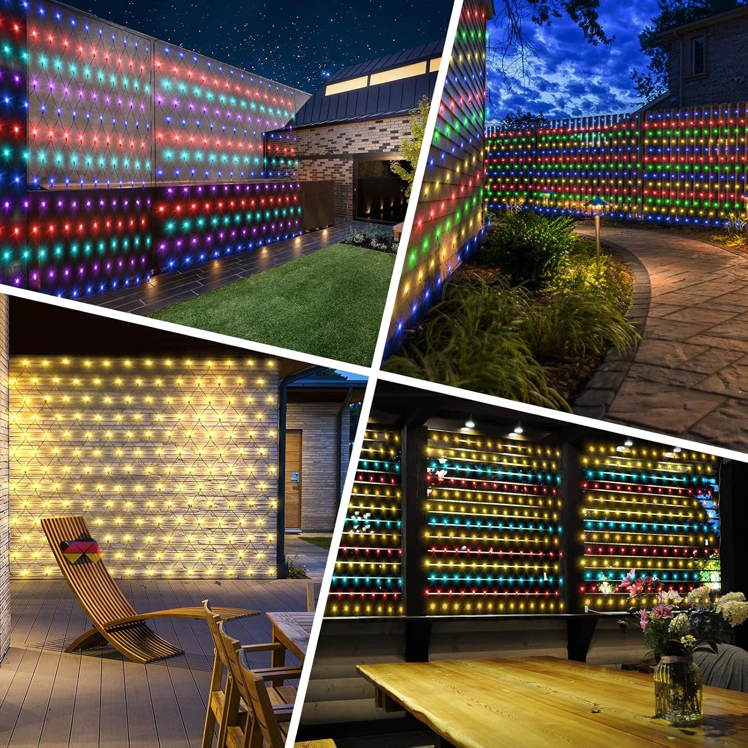 Solar Net String Lights - 15 x 5ft Outdoor Mesh Lights with Remote, 4-Color Warm White Multi-Color Changing for Outside Yard Fence Decor
