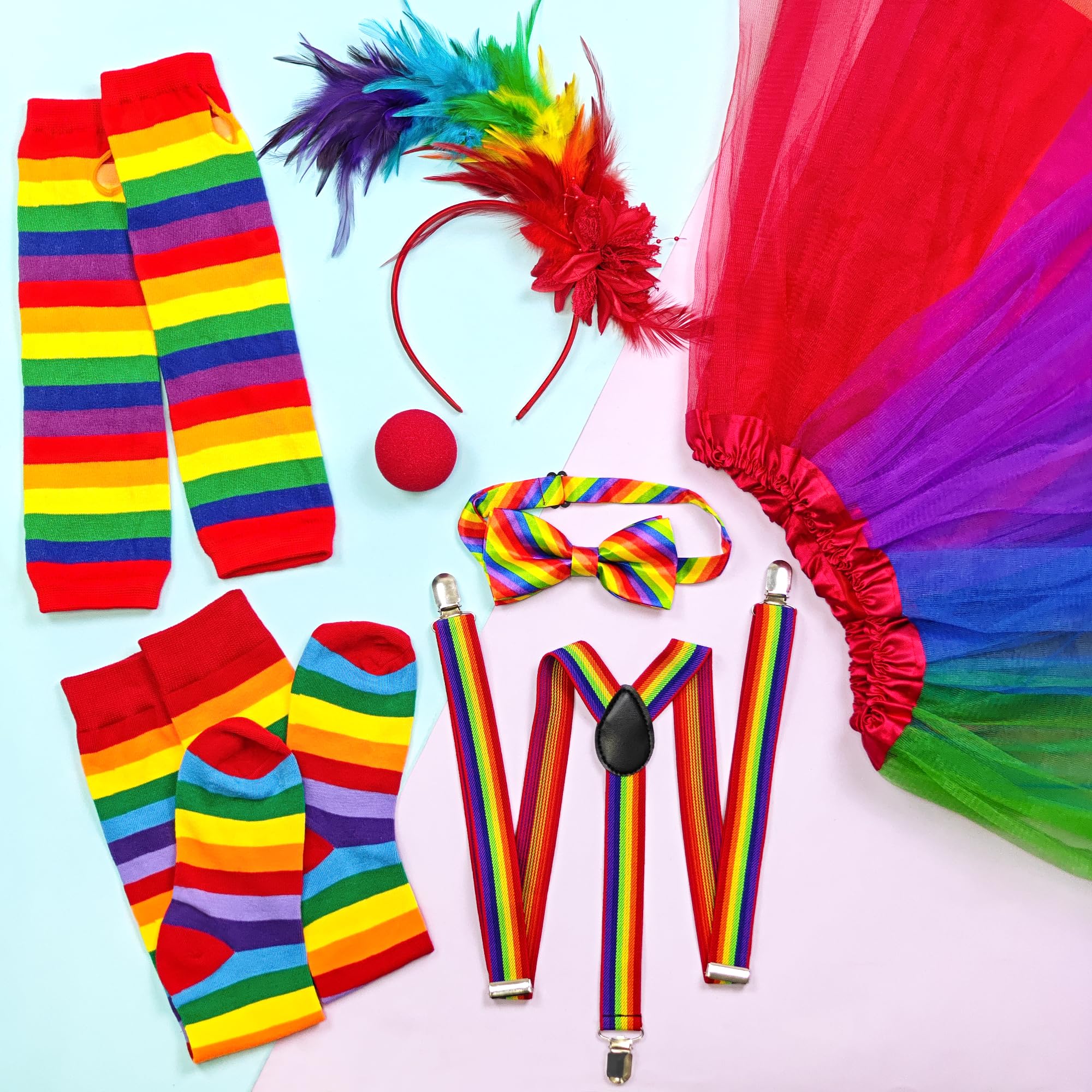 Yezmo 7 PCS Clown Costume Set for Women Feathers Headband Gloves Socks Rainbow Tutu Skirt Y Back Adjustable Suspender Bowtie Nose - Image 4