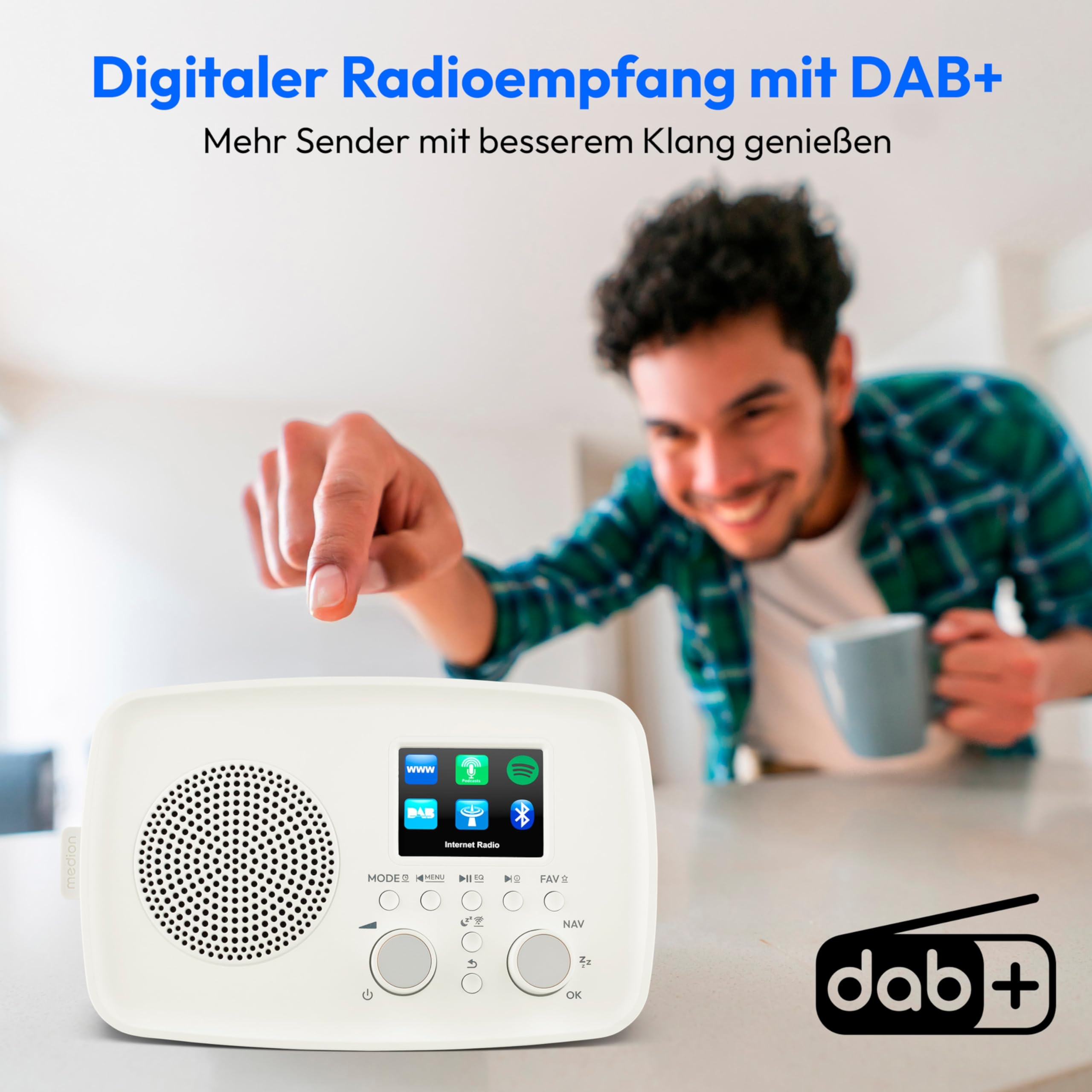 MEDION Internetradio mit DAB+ Life IRE-1 (WLAN, DAB Plus UKW Radio, Bluetooth, EQ, Tropfwasserschutz, Teleskopantenne, Spotify Connect, Wecker, Schlummerfunktion, Einstellbarer Display-Dimmer) weiß