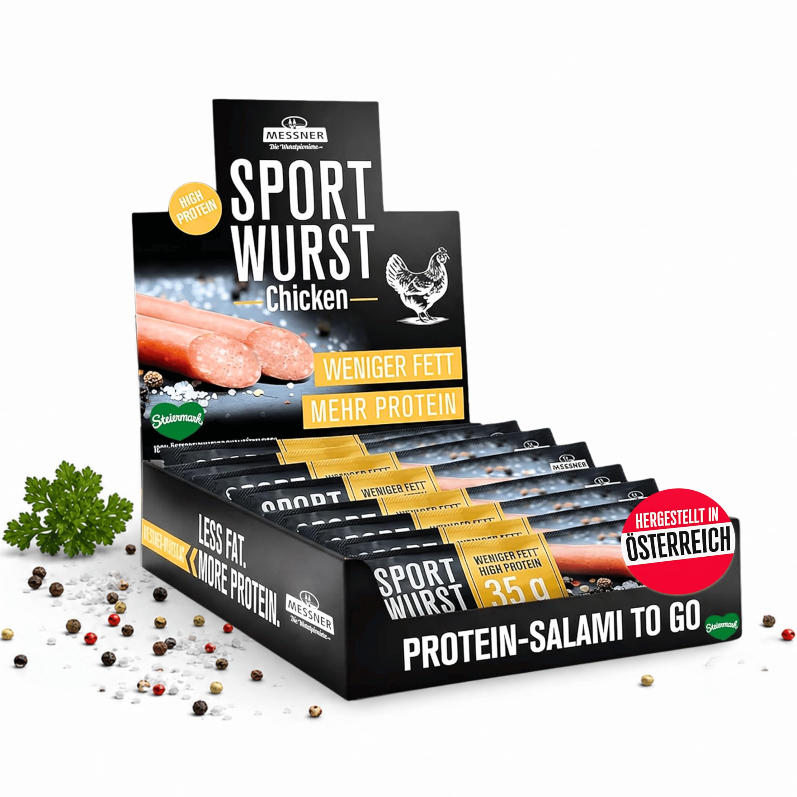 Messner Sportwurst Chicken 25x20g (500g) mit 35% Protein – Zarte Konsistenz, zuckerarm – Protein Snack, Low Carb Fleisch Snack, Chicken Snack