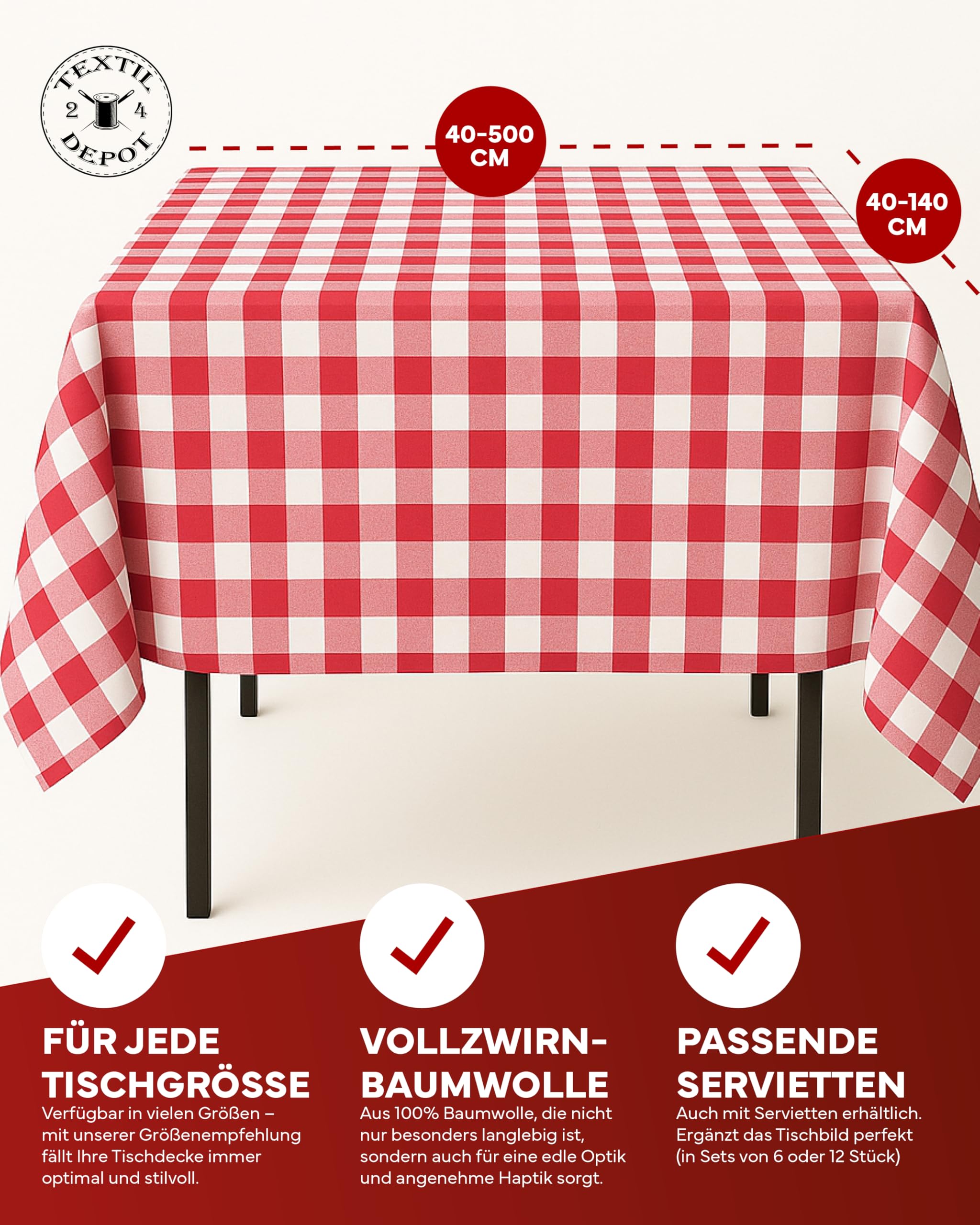 Nappe style maison de campagne 520 x 140 cm à carreaux rouge/blanc 20 mm 100 % coton