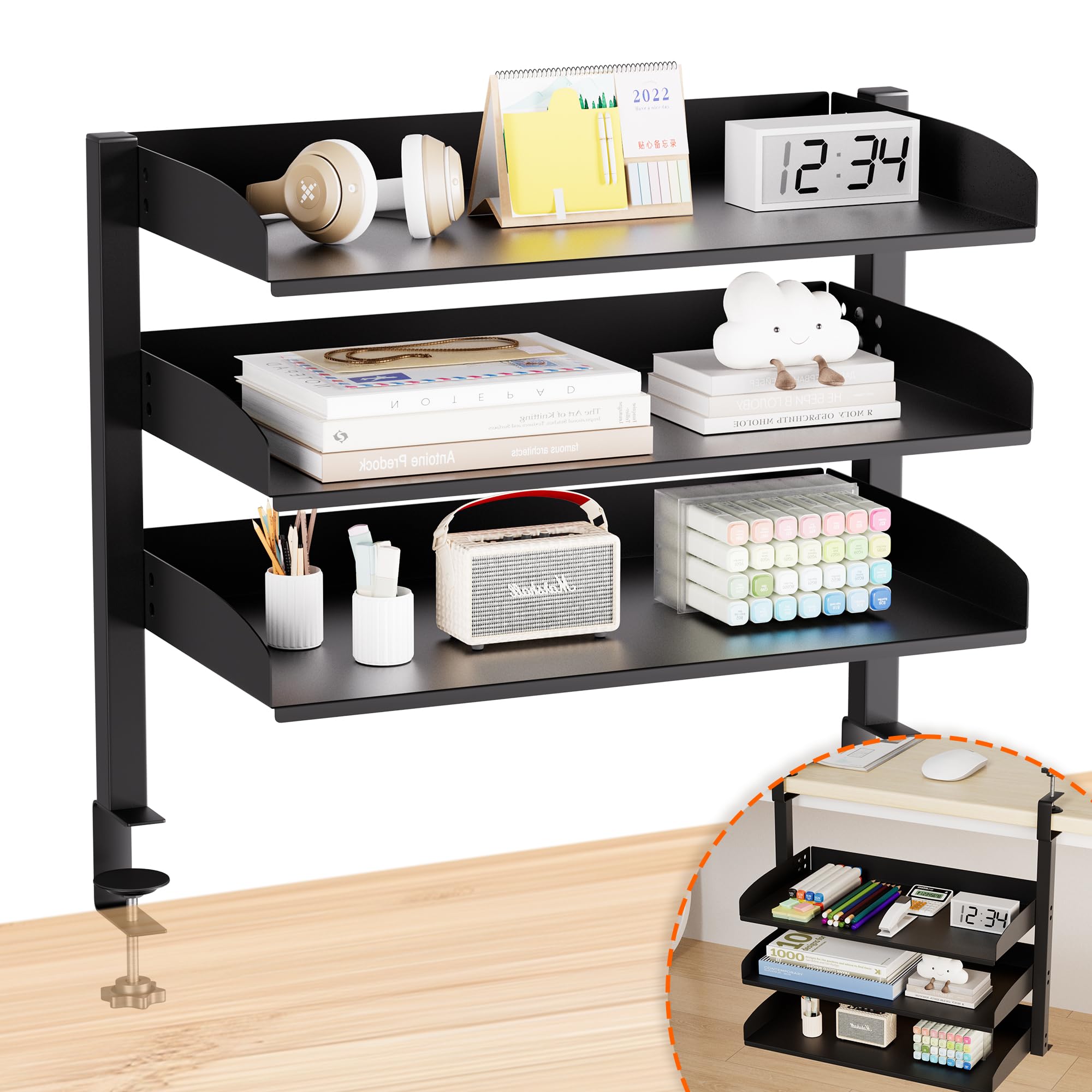 uyoyous Klemmbares Schreibtisch Organizer Regal 3 Tier Einstellbar Büro Organizer Kohlenstoffstahl Schreibtisch Erweiterung Klemmregal Schreibtischregal Tischregal für Büro, Home, Schule (44×22×39cm)