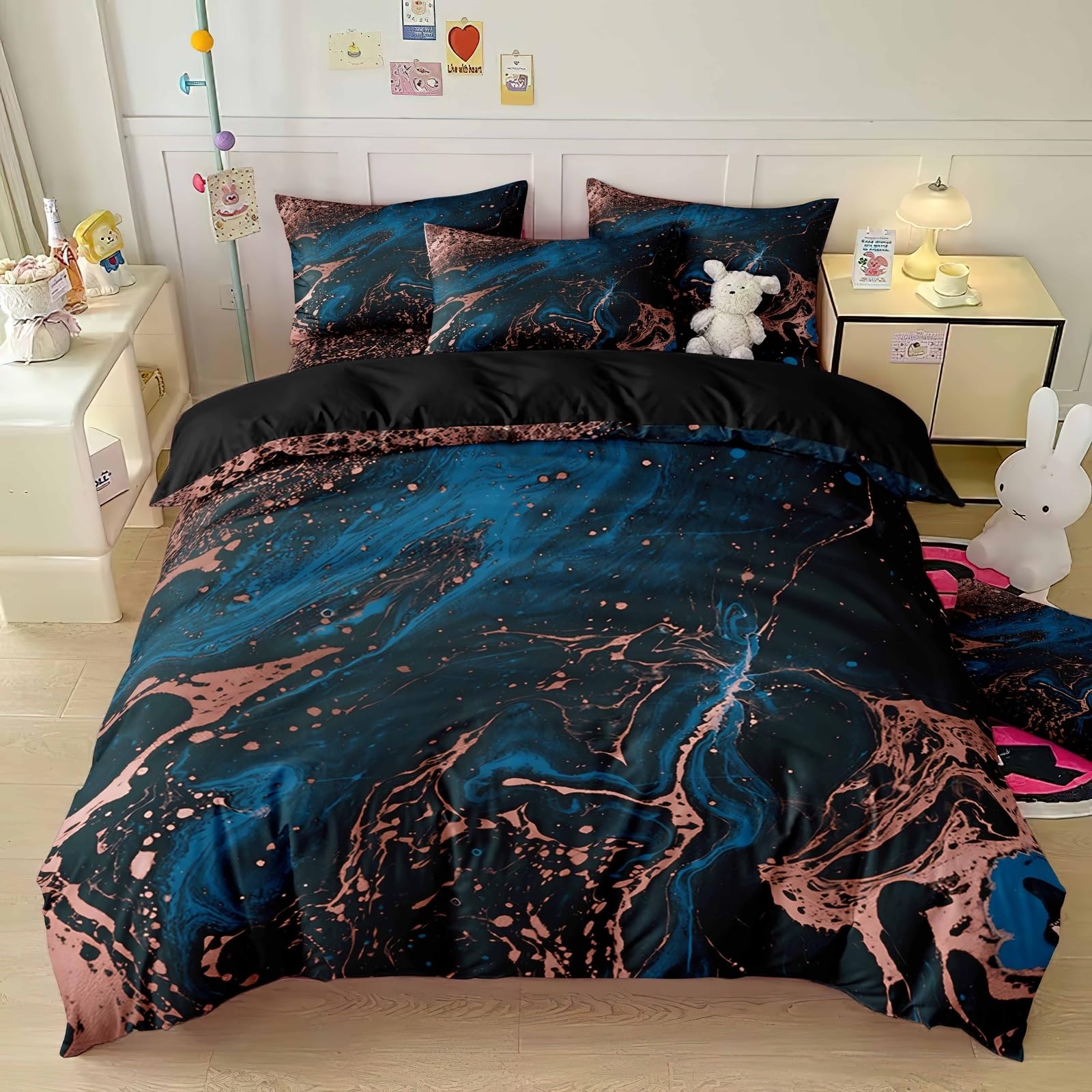 Luowei Marmor Bettwäsche 135x200cm Dunkelgrün Schwarz Texturmuster Bettwäsche Set Microfaser Weich Modern Design Bettbezug 135x200 mit Reißverschluss und 1 Kissenbezug 80×80cm