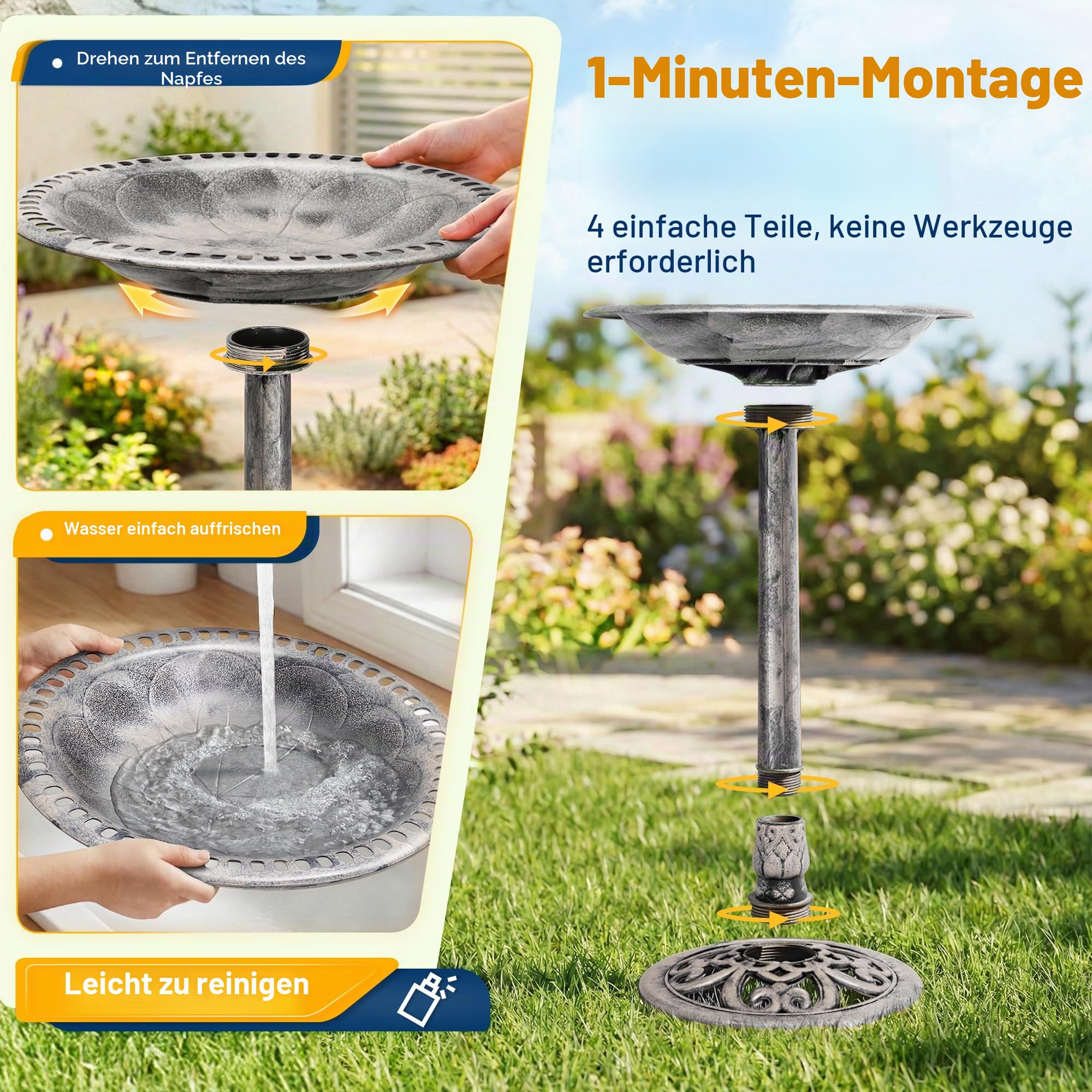 VIVOHOME Vogeltränke mit Solarbrunnen 2 in 1 Antike Vogelbad für Draußen Garten Vogelbecken Futter Schüssel für Wildvögel Wassertränke