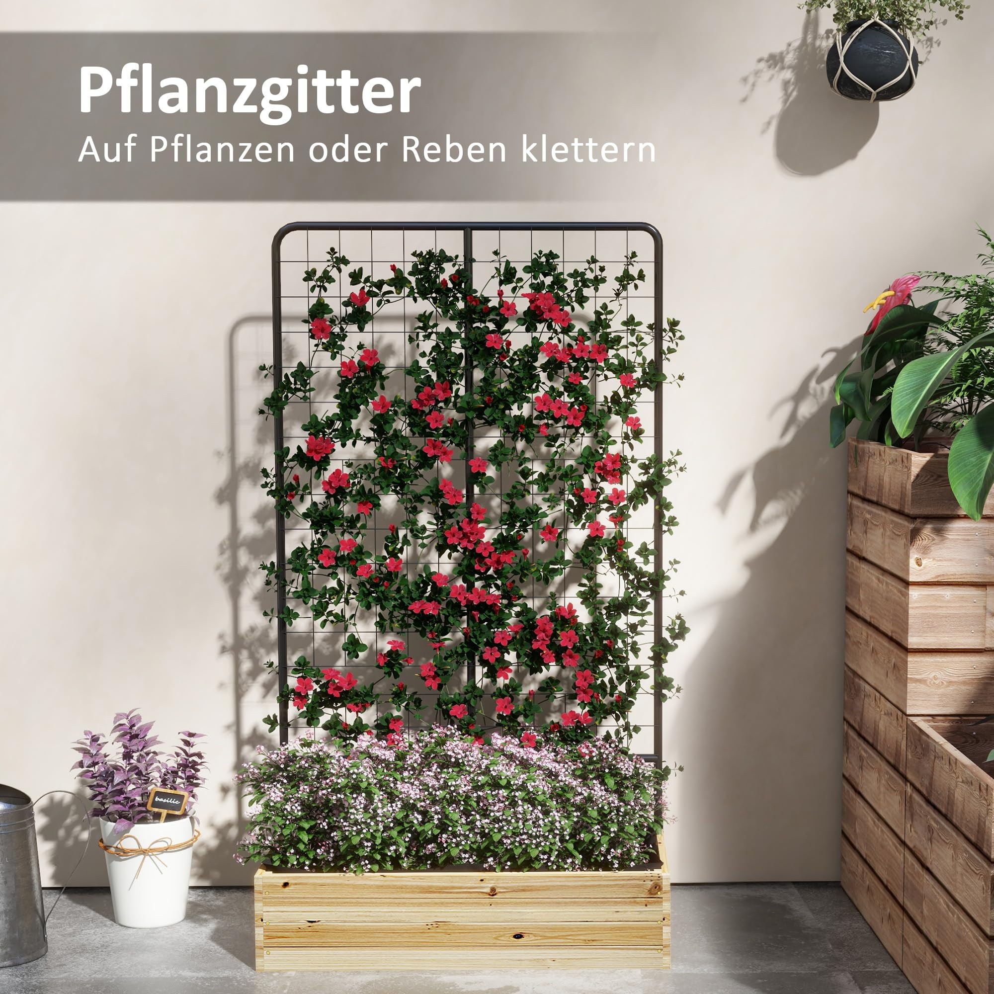 Outsunny Hochbeet mit Rankhilfe Pflanzkasten 80 x 38 x 145 cm Naturholz | Kräuterbeet, Blumenkasten mit Rankgitter, Garten, Balkon