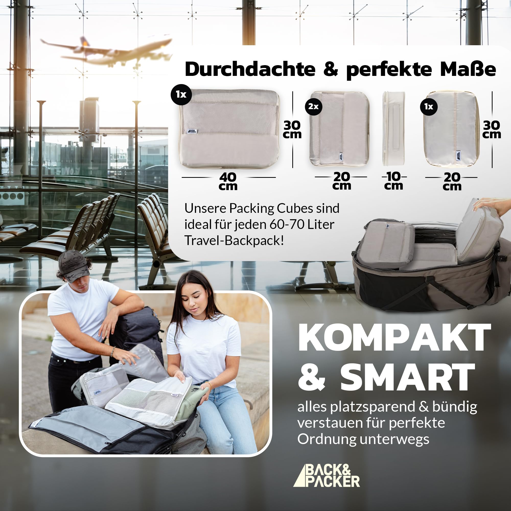 BACK&PACKER® Packing Cubes 4-częściowy zestaw toreb do pakowania z materiału pochodzącego z recyklingu - lekki organizer do plecaka i walizki - w zestawie kostki do pakowania na mokre pranie i worek