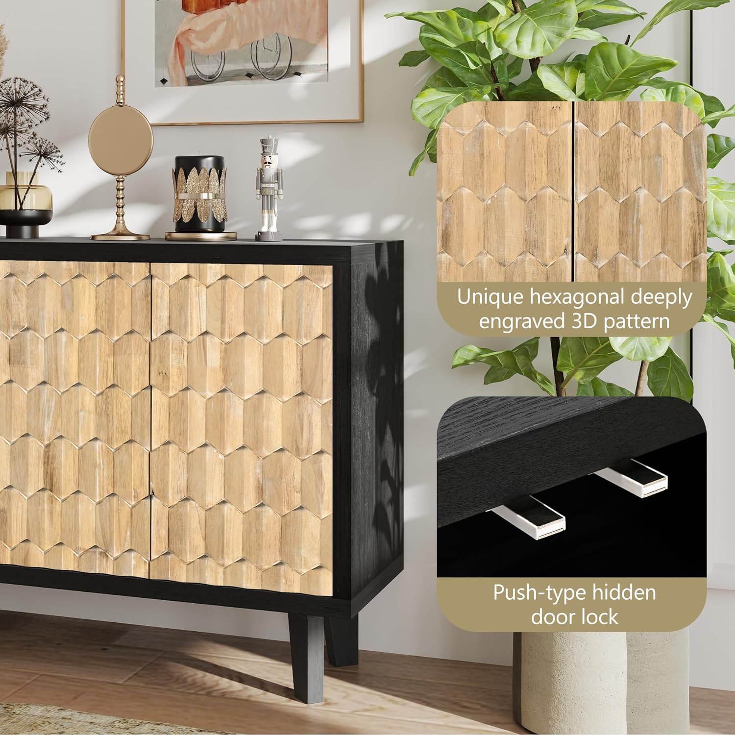 Buffet Cabinet with Storage, Distressed Storage Cabinet with 4 Carved Doors and Adjustable Shelf, Wooden Accent Sideboard Buffet Cabinets for Kitchen, Living Room, Entryway, Black&Natural